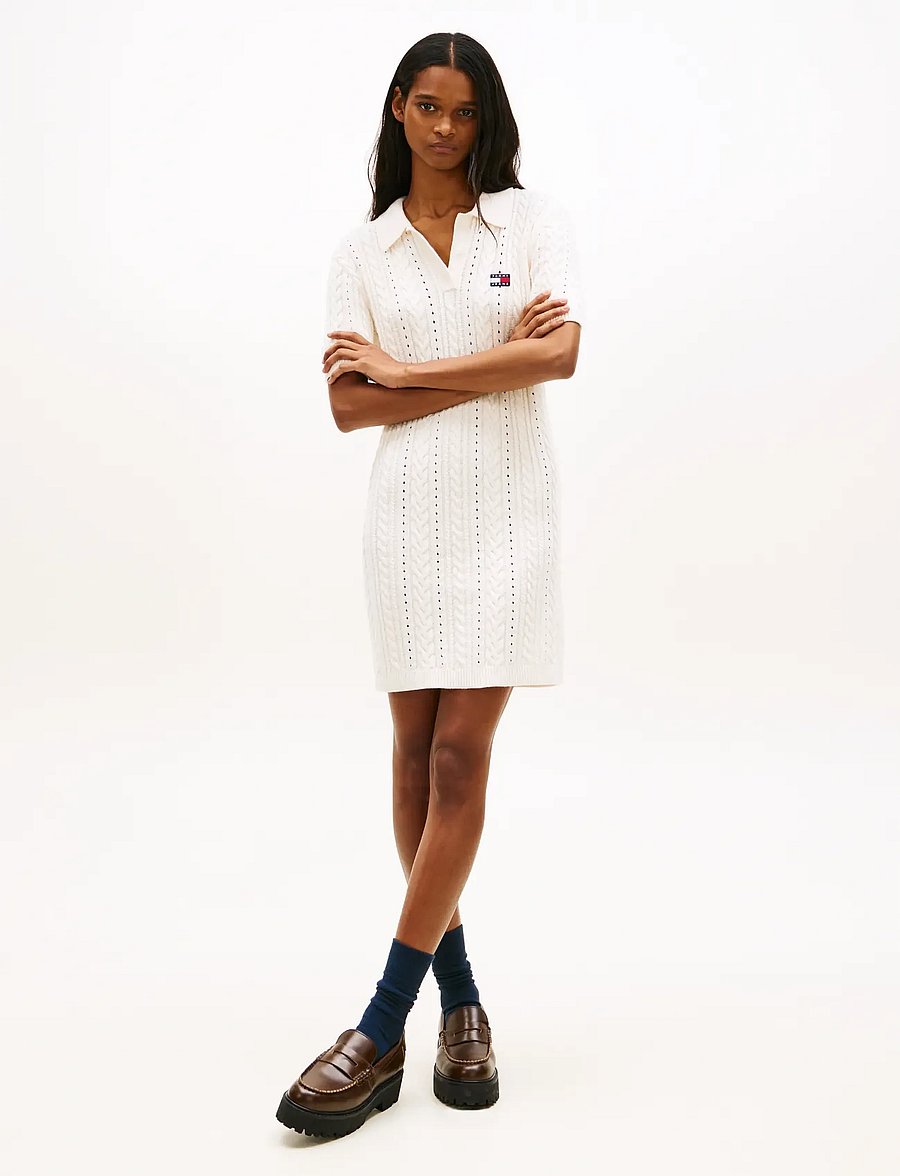 Tommy Jeans - TJW GMD CABLE SWEATER POLO DRESS - strikkjoler - ancient white - 0