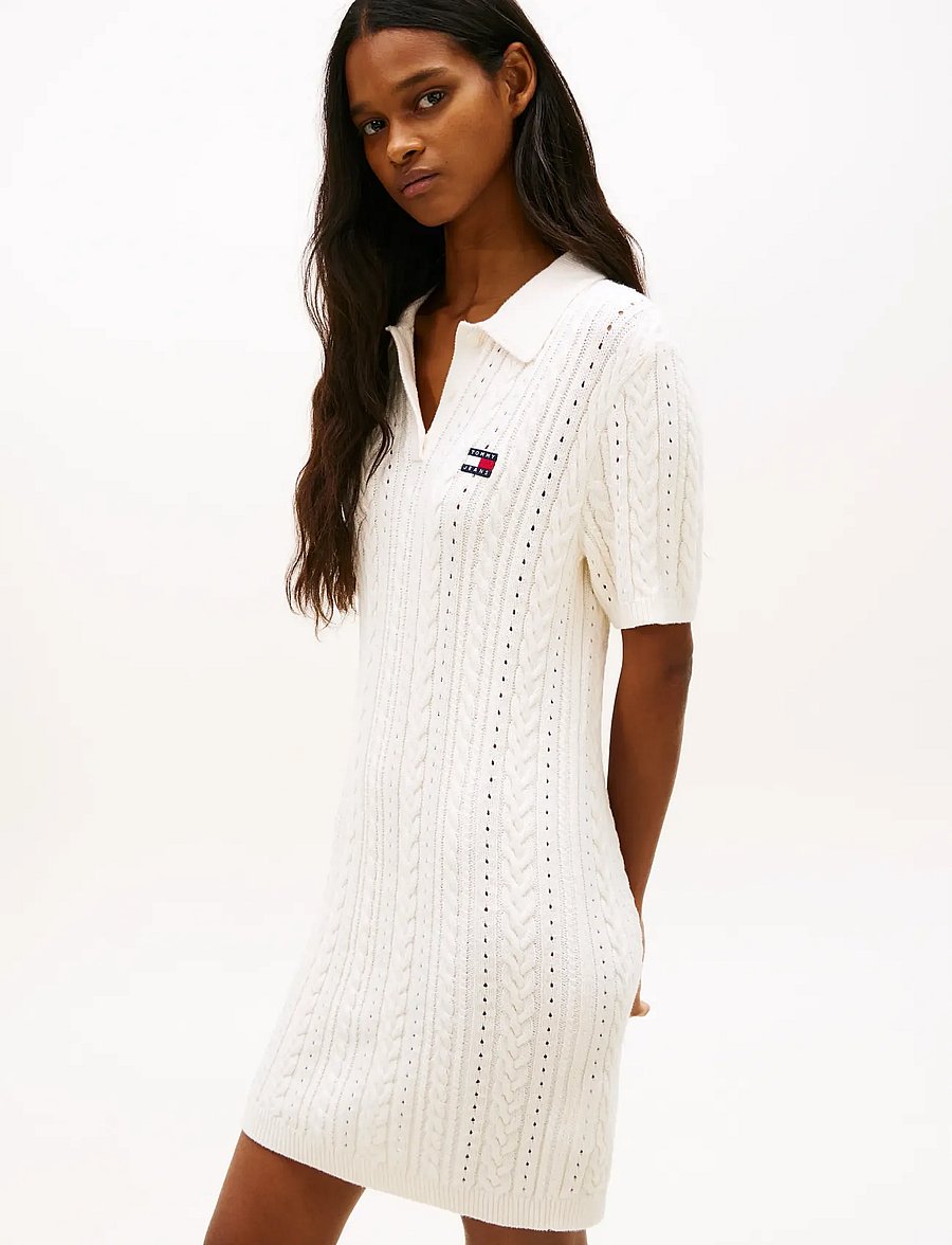 Tommy Jeans - TJW GMD CABLE SWEATER POLO DRESS - strikkjoler - ancient white - 2