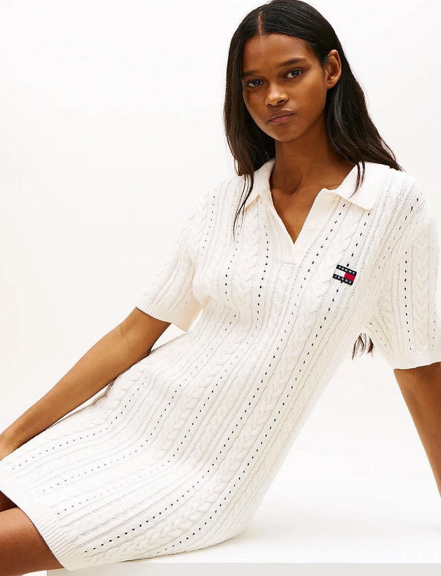 Tommy Jeans - TJW GMD CABLE SWEATER POLO DRESS - strikkjoler - ancient white - 3