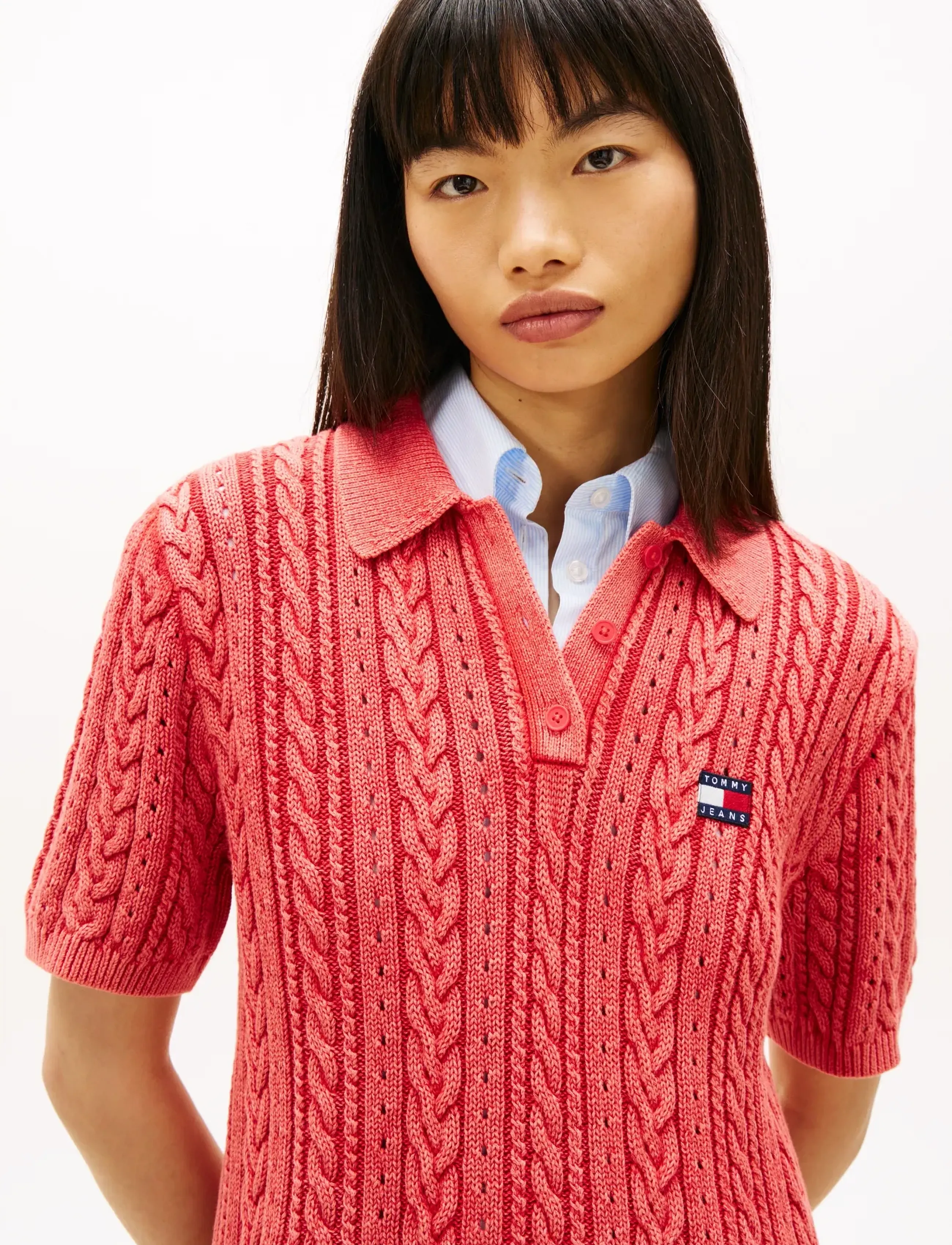 Tommy Jeans - TJW GMD CABLE SWEATER POLO DRESS - strikkjoler - red alert - 2