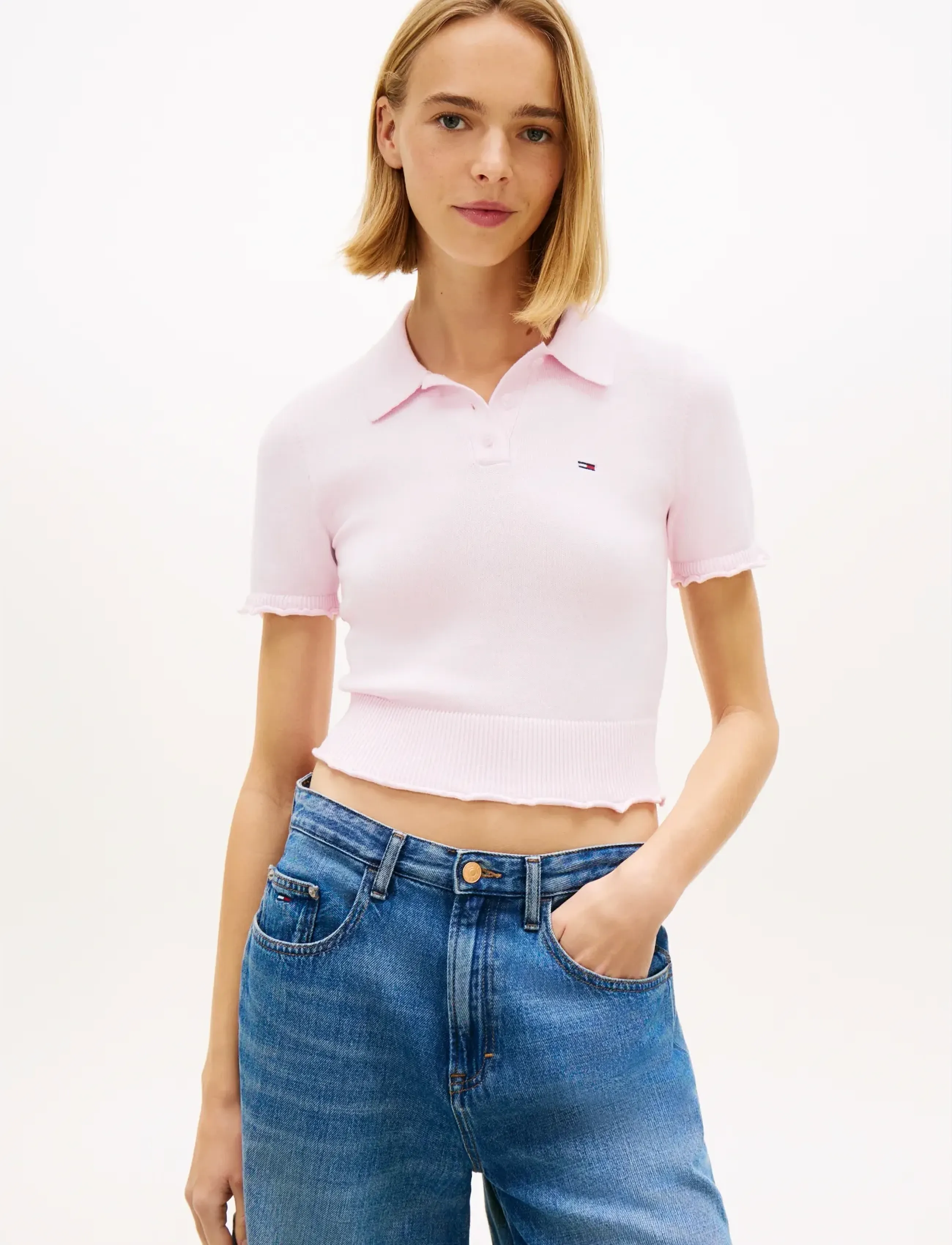Tommy Jeans TJW LETTUCE POLO SWEATER - Crop tops - PEARLY PINK / pink/rose
