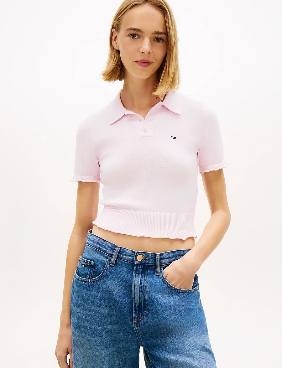 Tommy Jeans - TJW LETTUCE POLO SWEATER - crop tops - pearly pink - 0