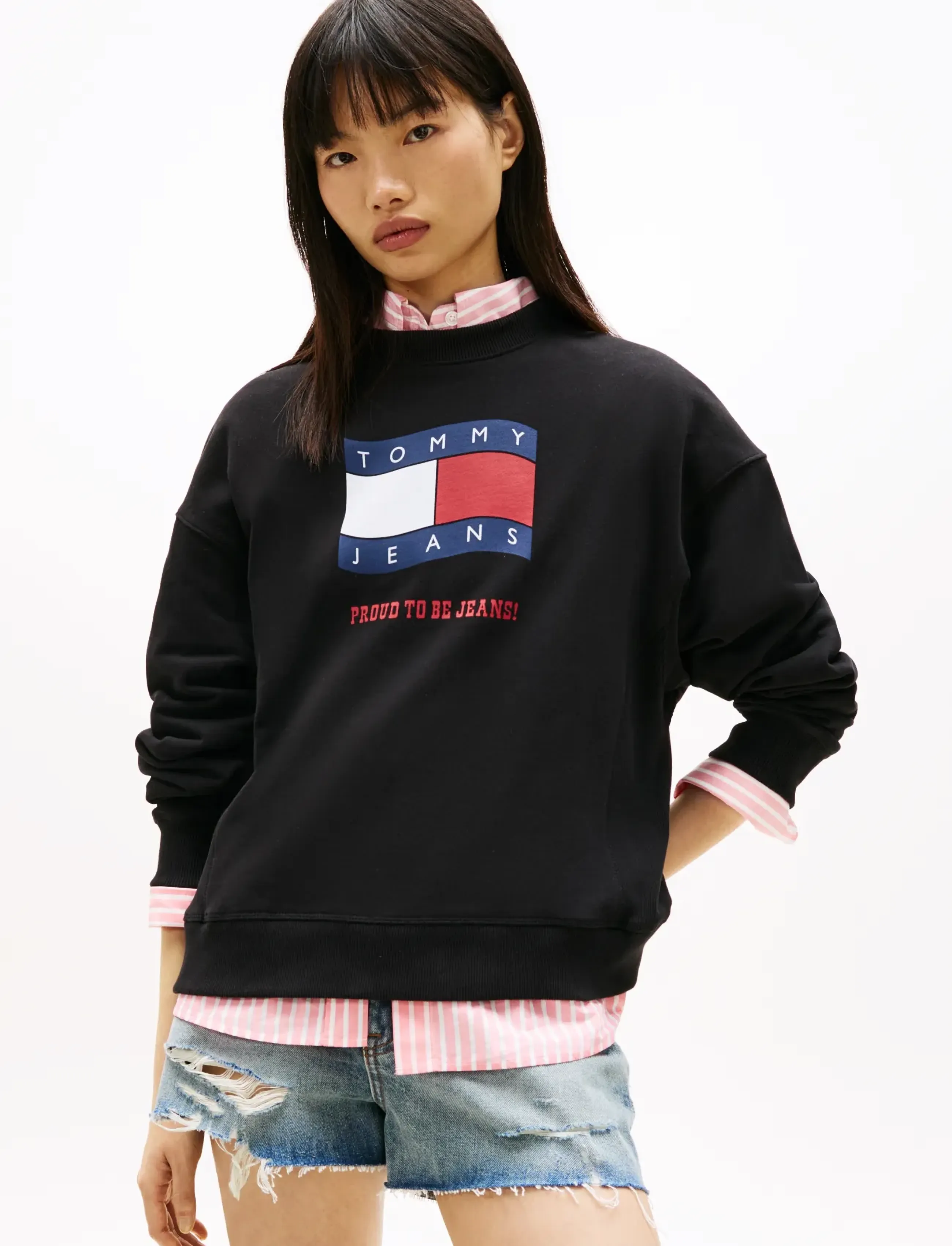 Tommy Jeans TJW BXY WAVY FLAG CREW EXT - Tommy Hilfiger - BLACK / black