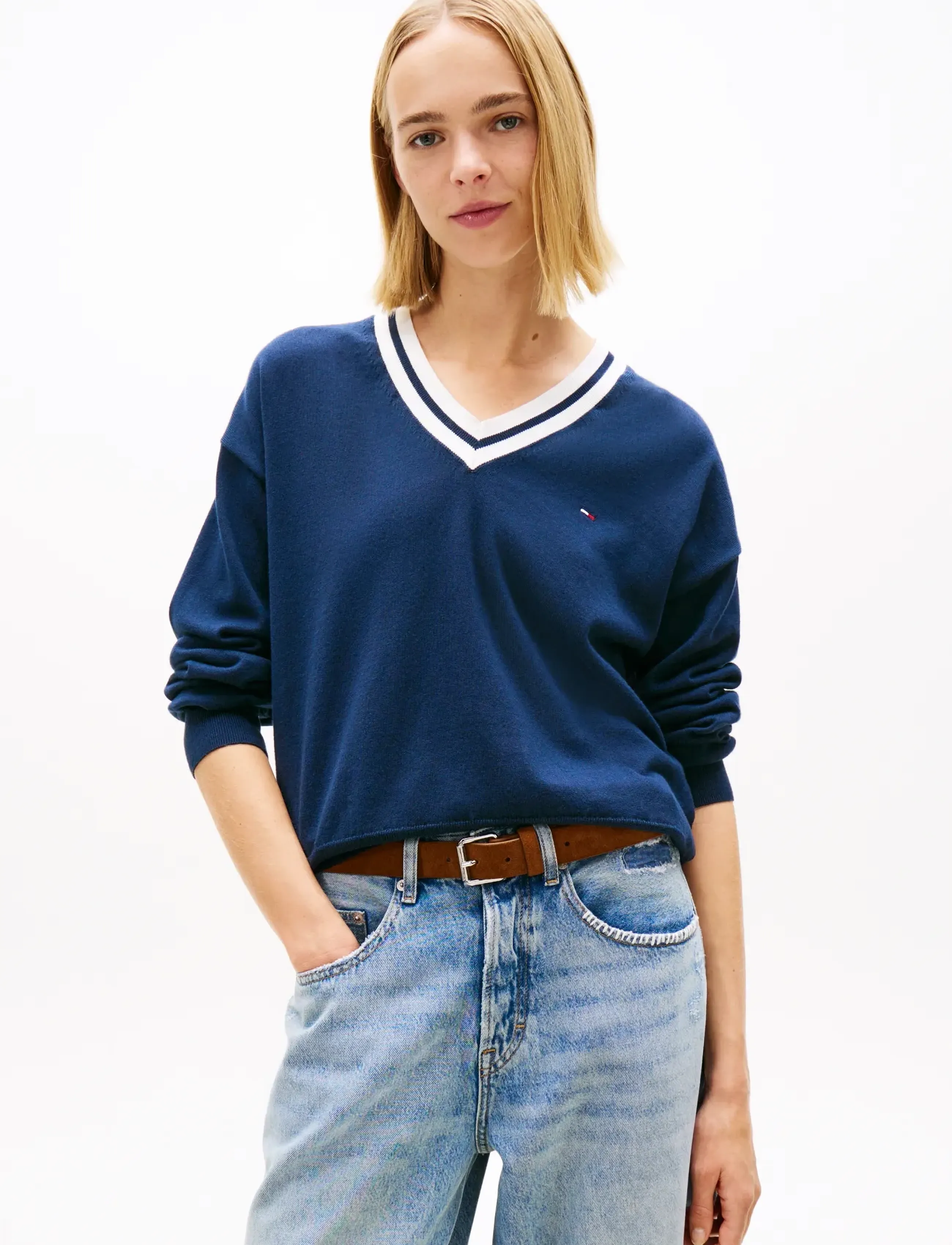 Tommy Jeans TJW RLX V-NECK TIPPING SWEATER - Stickat - DARK NIGHT NAVY / navy
