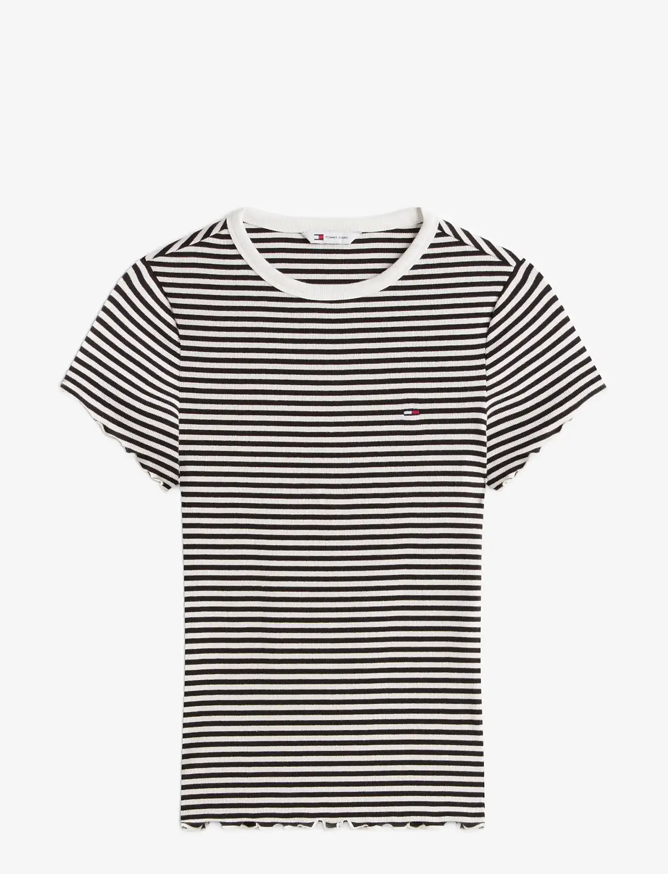 Tommy Jeans - TJW SLIM LETTUCE EDGE RIB SS - t-särgid - black   ecru stripe - 1