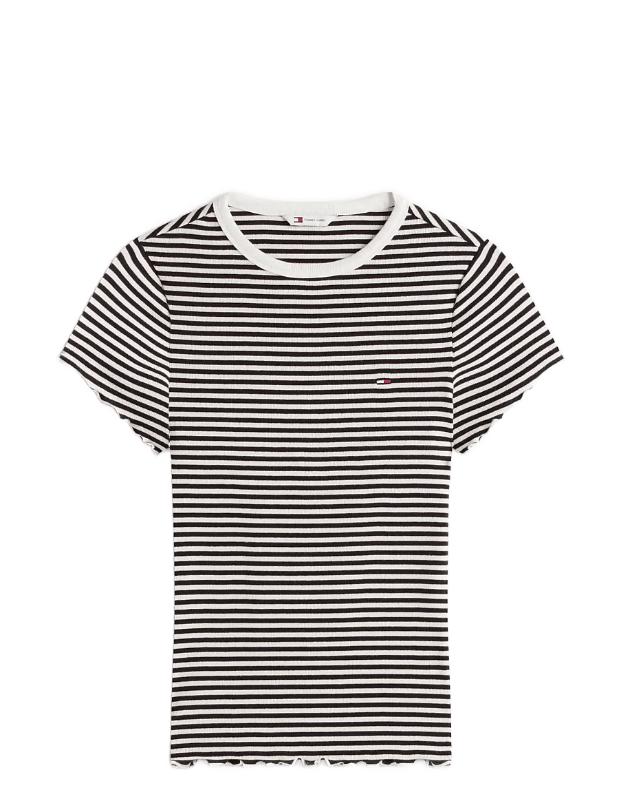 Tommy Jeans - TJW SLIM LETTUCE EDGE RIB SS - t-shirts - black ecru stripe - 1