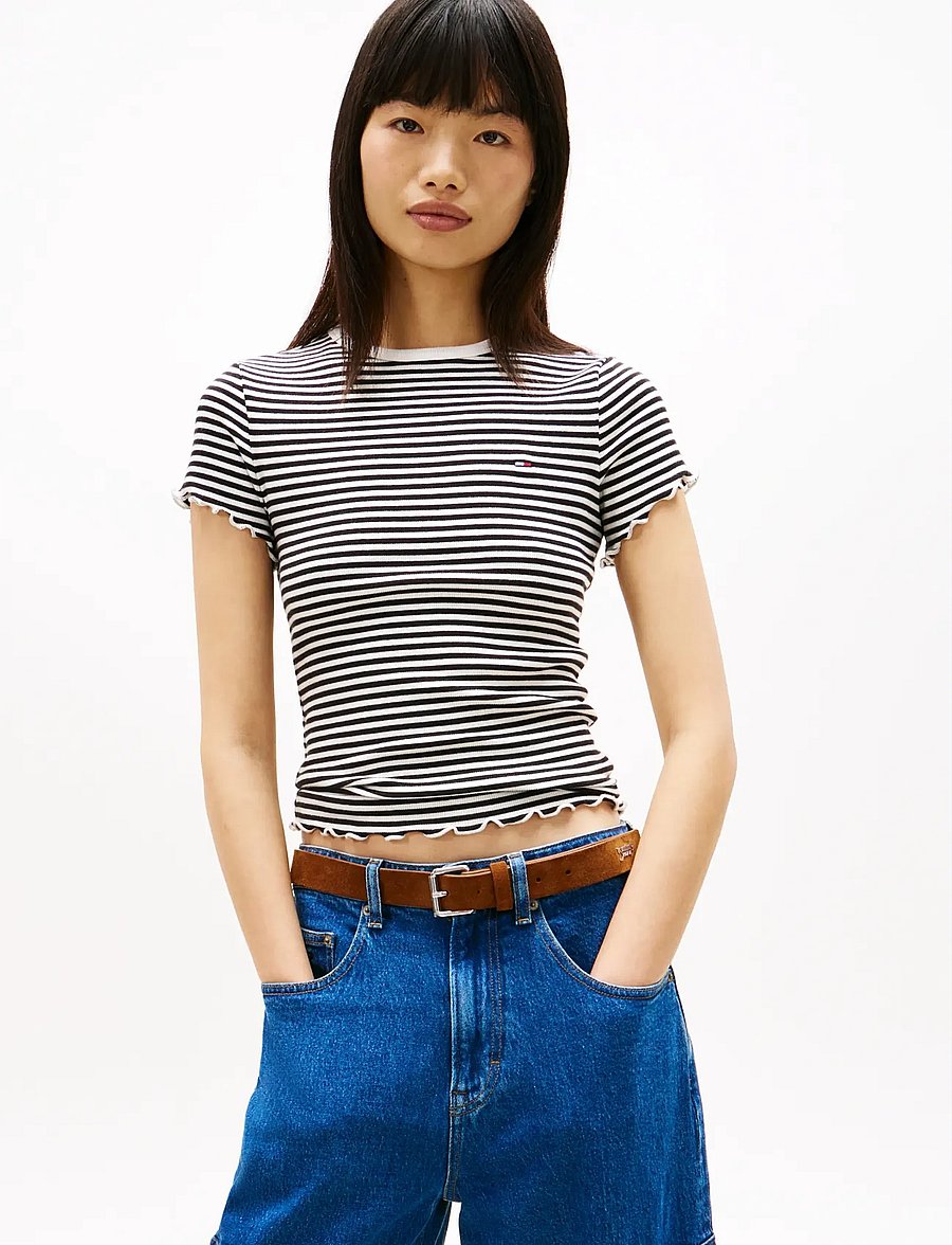 Tommy Jeans - TJW SLIM LETTUCE EDGE RIB SS - t-shirts - black ecru stripe - 0