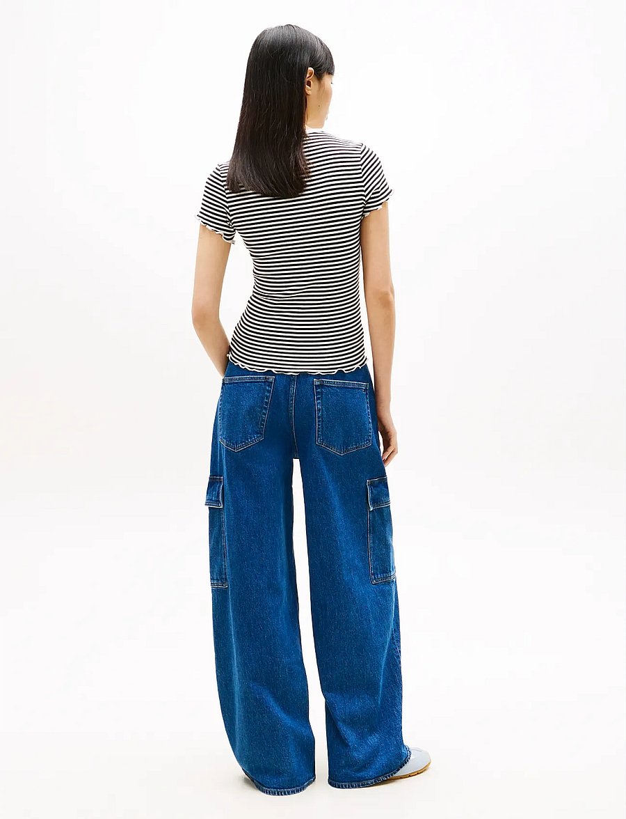Tommy Jeans - TJW SLIM LETTUCE EDGE RIB SS - t-shirts - black ecru stripe - 2