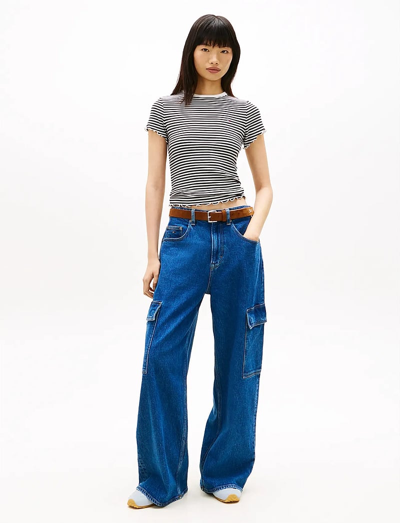 Tommy Jeans - TJW SLIM LETTUCE EDGE RIB SS - t-särgid - black ecru stripe - 3