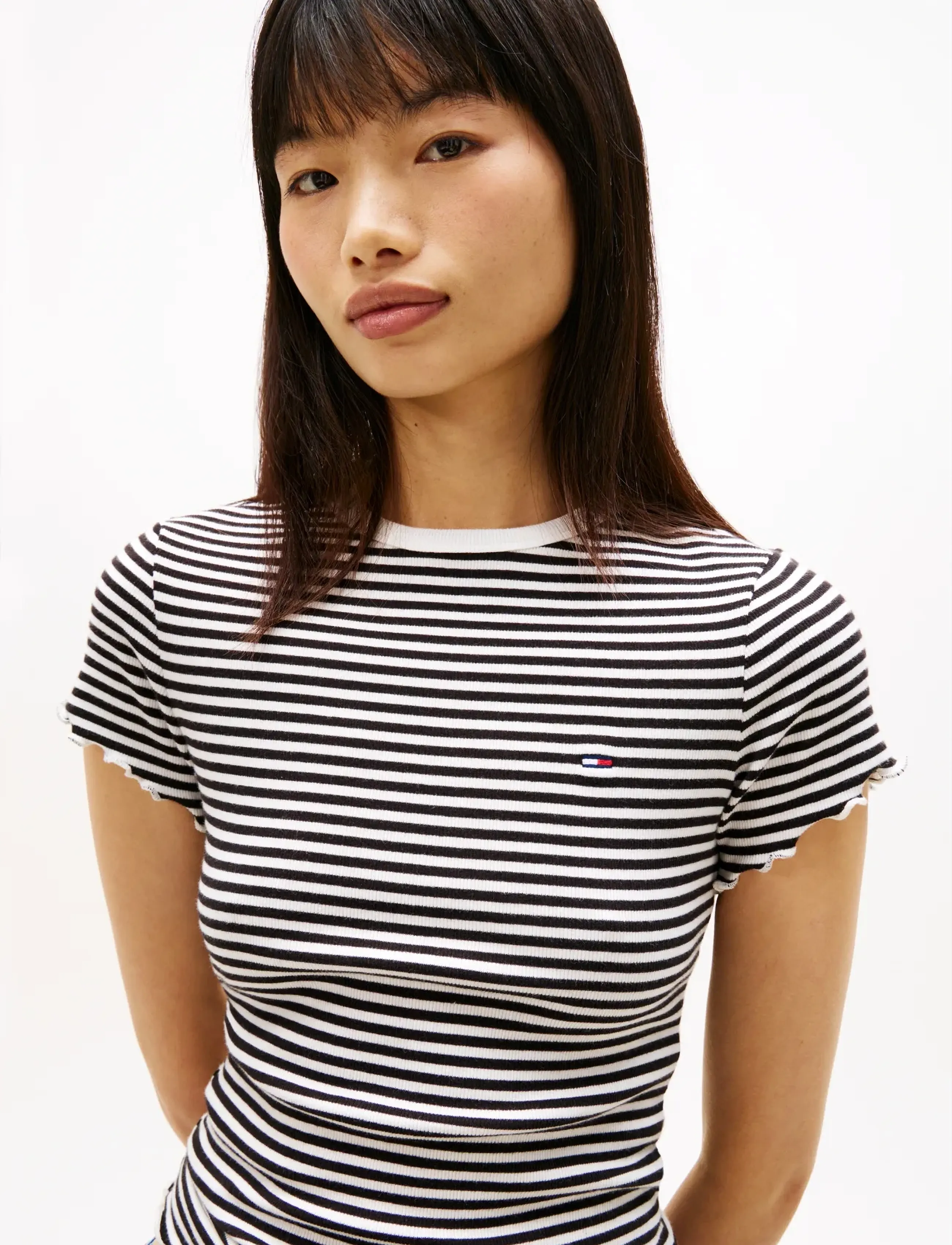 Tommy Jeans - TJW SLIM LETTUCE EDGE RIB SS - t-shirts - black   ecru stripe - 4