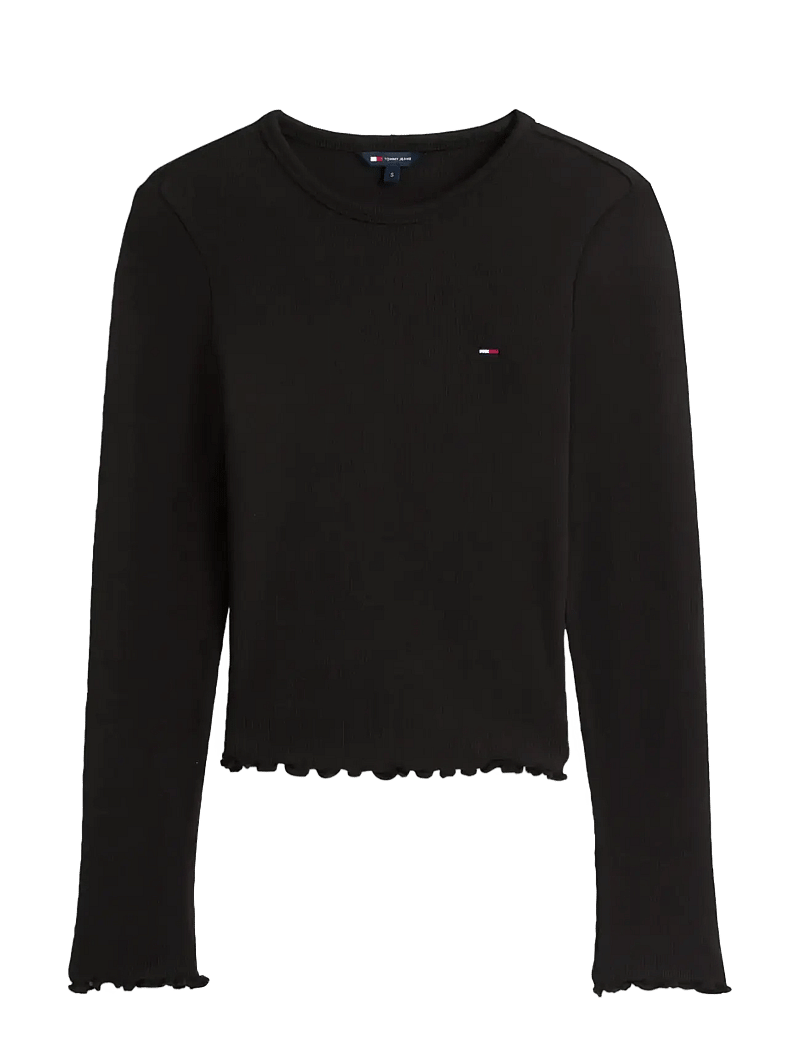 Tommy Jeans - TJW SLIM SH LETTUCE EDGE RIB LS - crop tops - black - 1
