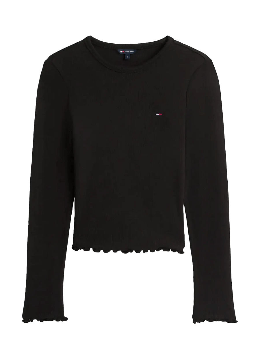 Tommy Jeans - TJW SLIM SH LETTUCE EDGE RIB LS - crop tops - black - 1