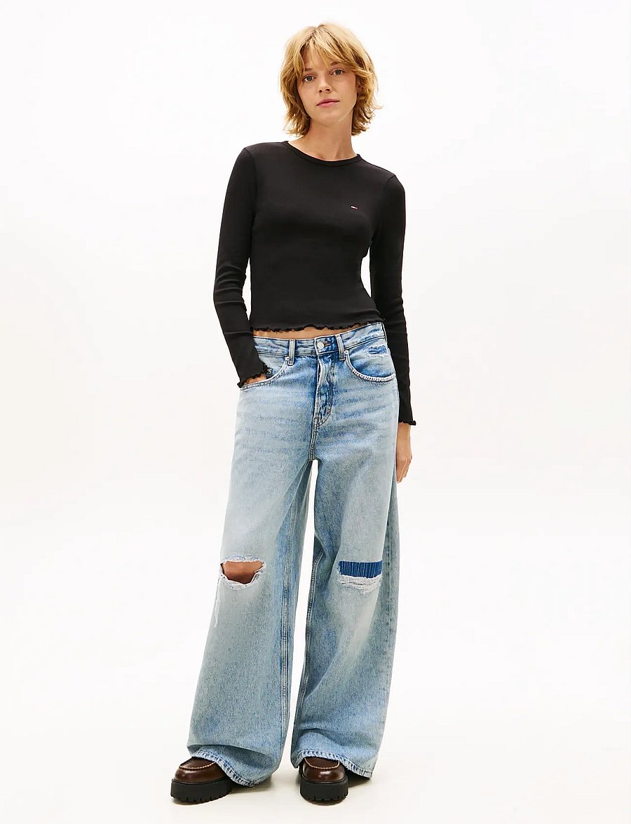 Tommy Jeans - TJW SLIM SH LETTUCE EDGE RIB LS - crop tops - black - 3