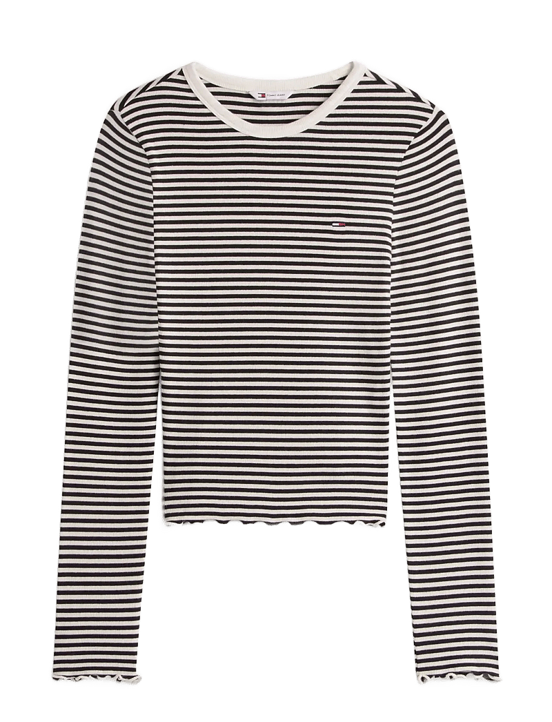 Tommy Jeans - TJW SLIM SH LETTUCE EDGE RIB LS - nabapluusid - black ecru stripe - 1