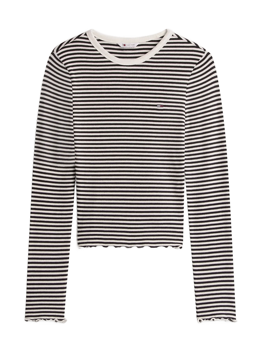 Tommy Jeans - TJW SLIM SH LETTUCE EDGE RIB LS - crop tops - black ecru stripe - 1