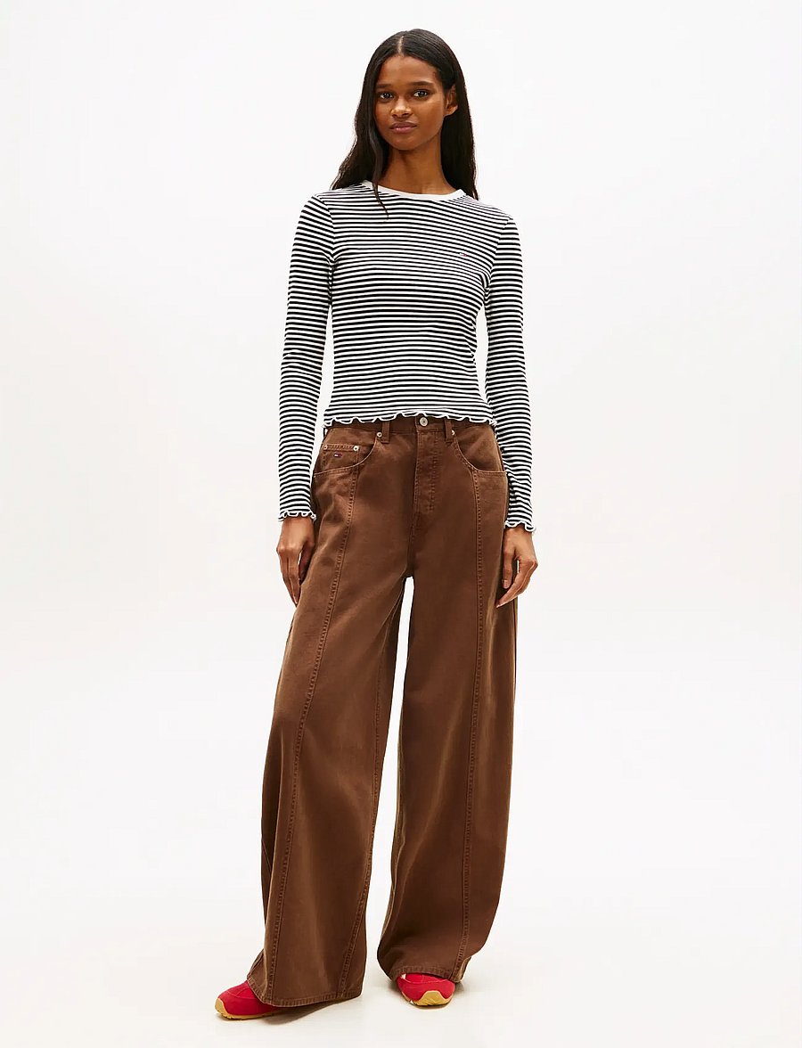 Tommy Jeans - TJW SLIM SH LETTUCE EDGE RIB LS - crop tops - black ecru stripe - 3