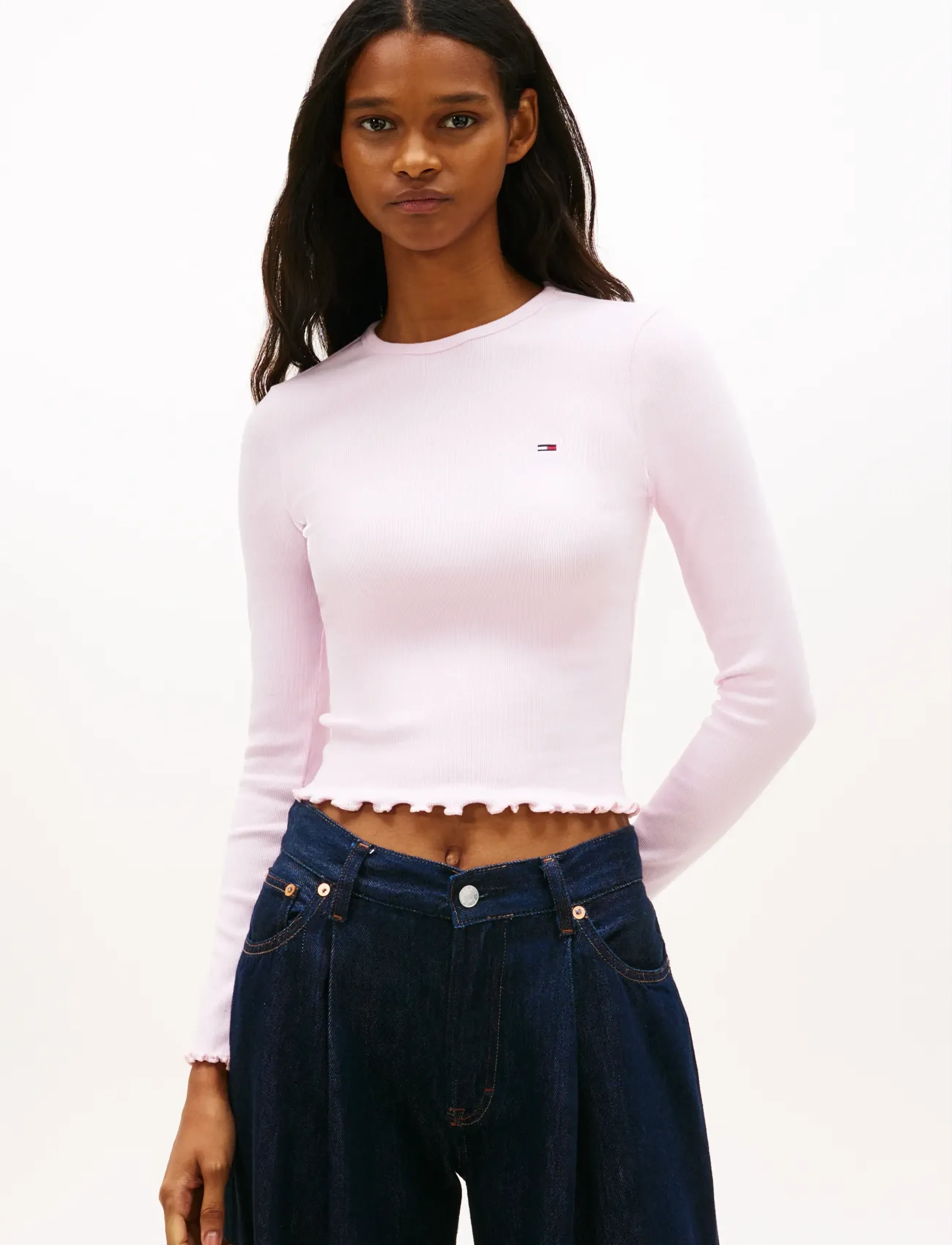 Tommy Jeans TJW SLIM SH LETTUCE EDGE RIB LS - Crop tops - PEARLY PINK / pink/rose