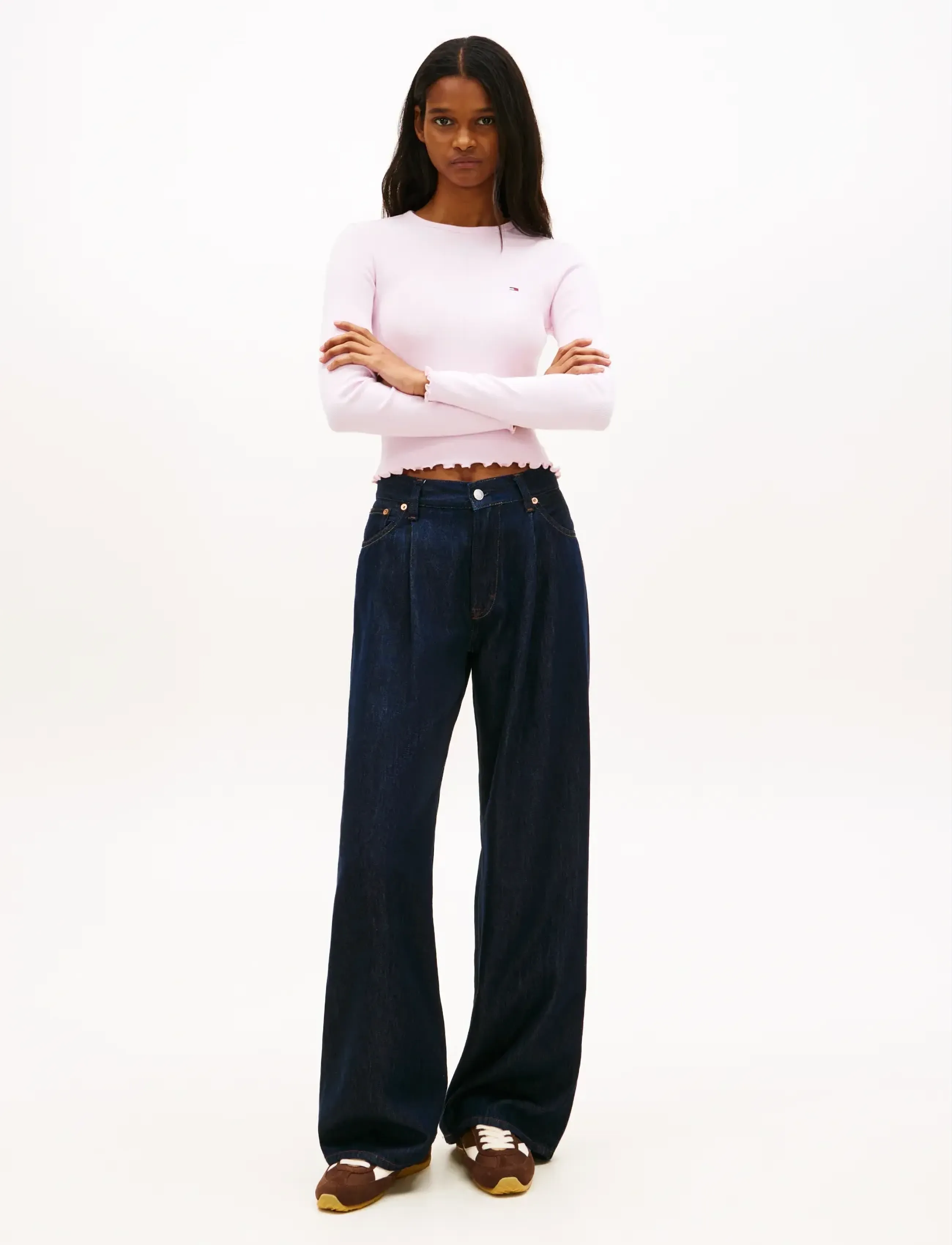 Tommy Jeans - TJW SLIM SH LETTUCE EDGE RIB LS - crop tops - pearly pink - 3