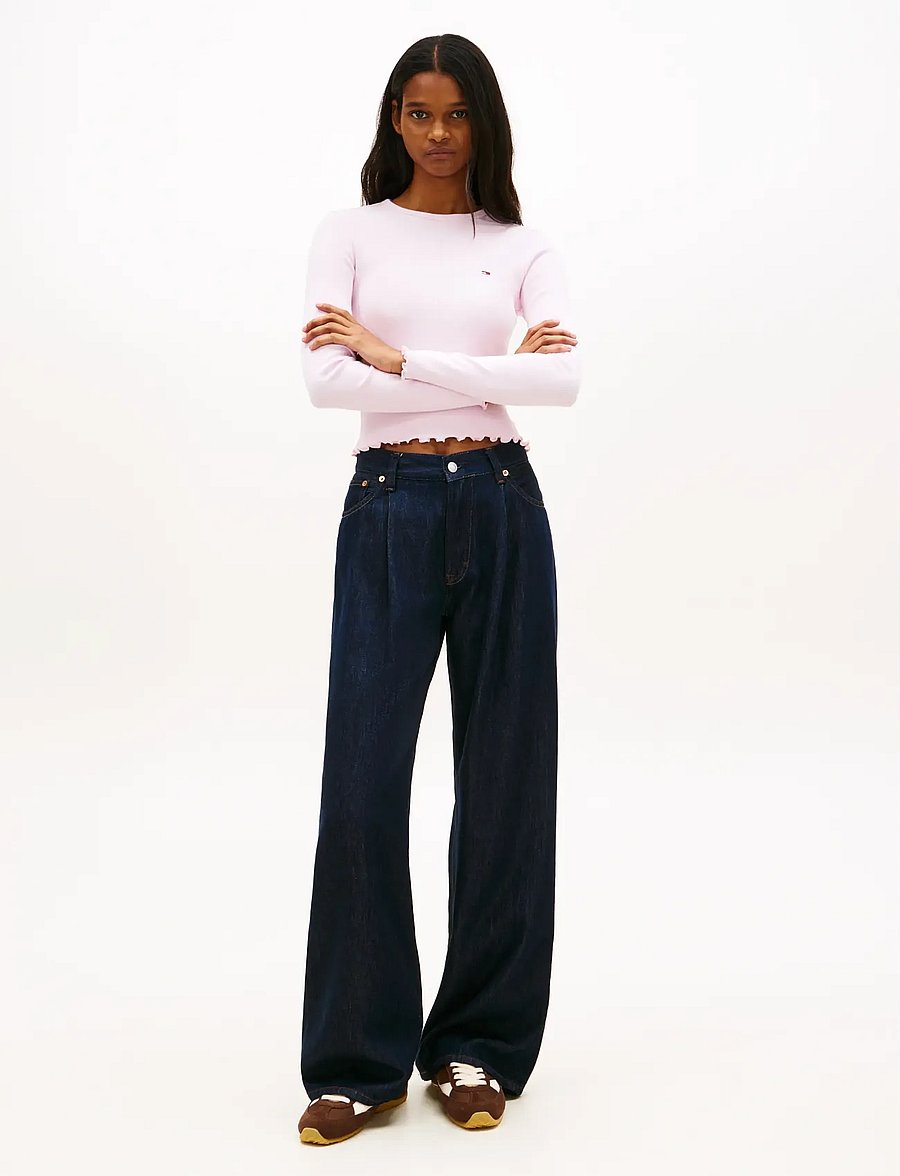 Tommy Jeans - TJW SLIM SH LETTUCE EDGE RIB LS - crop tops - pearly pink - 3