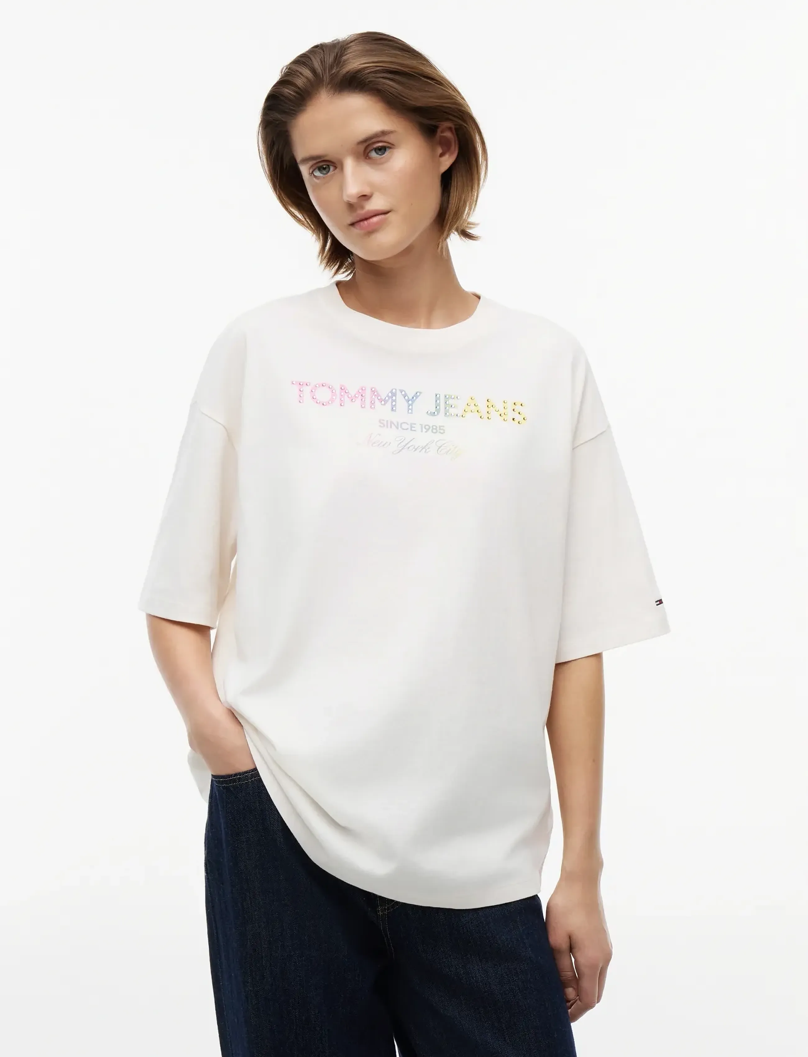 Tommy Jeans Tjw Ovs Tj Bling Gmd Tee, Kvinder, Oversize Logo T-shirt, Cream, Str: M