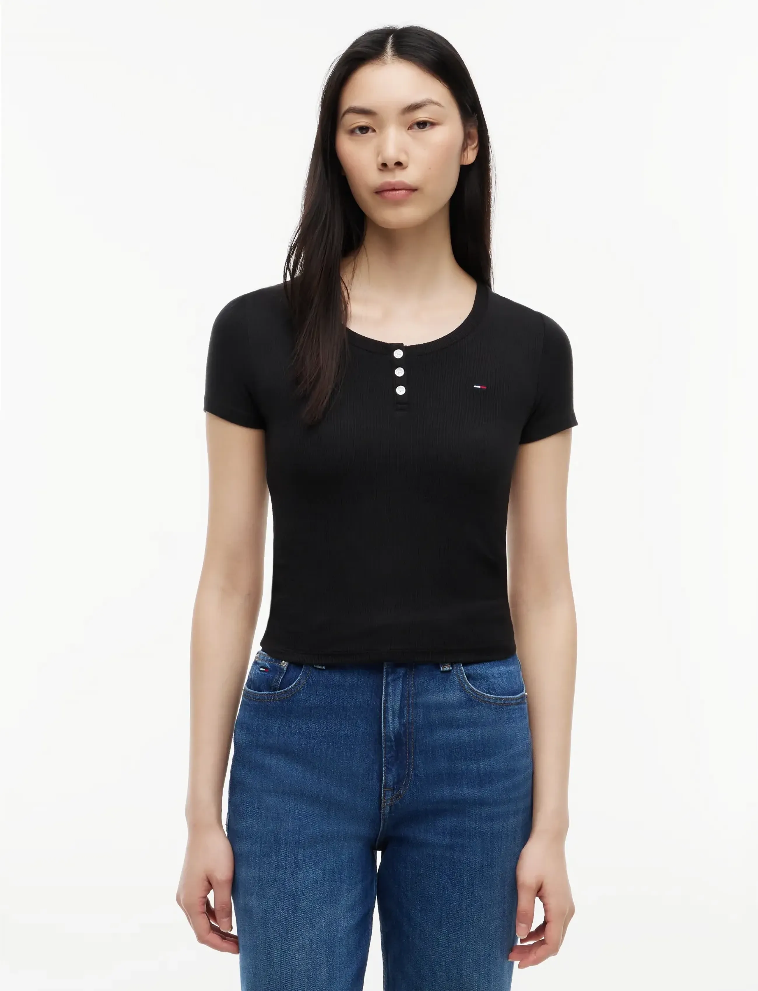 Tommy Jeans TJW SLIM HENLEY SS TEE - T-särgid ja topid - BLACK / black