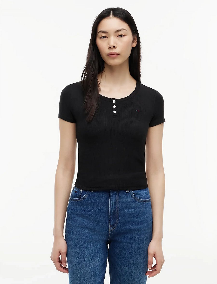 Tommy Jeans - TJW SLIM HENLEY SS TEE - t-shirts - black - 0
