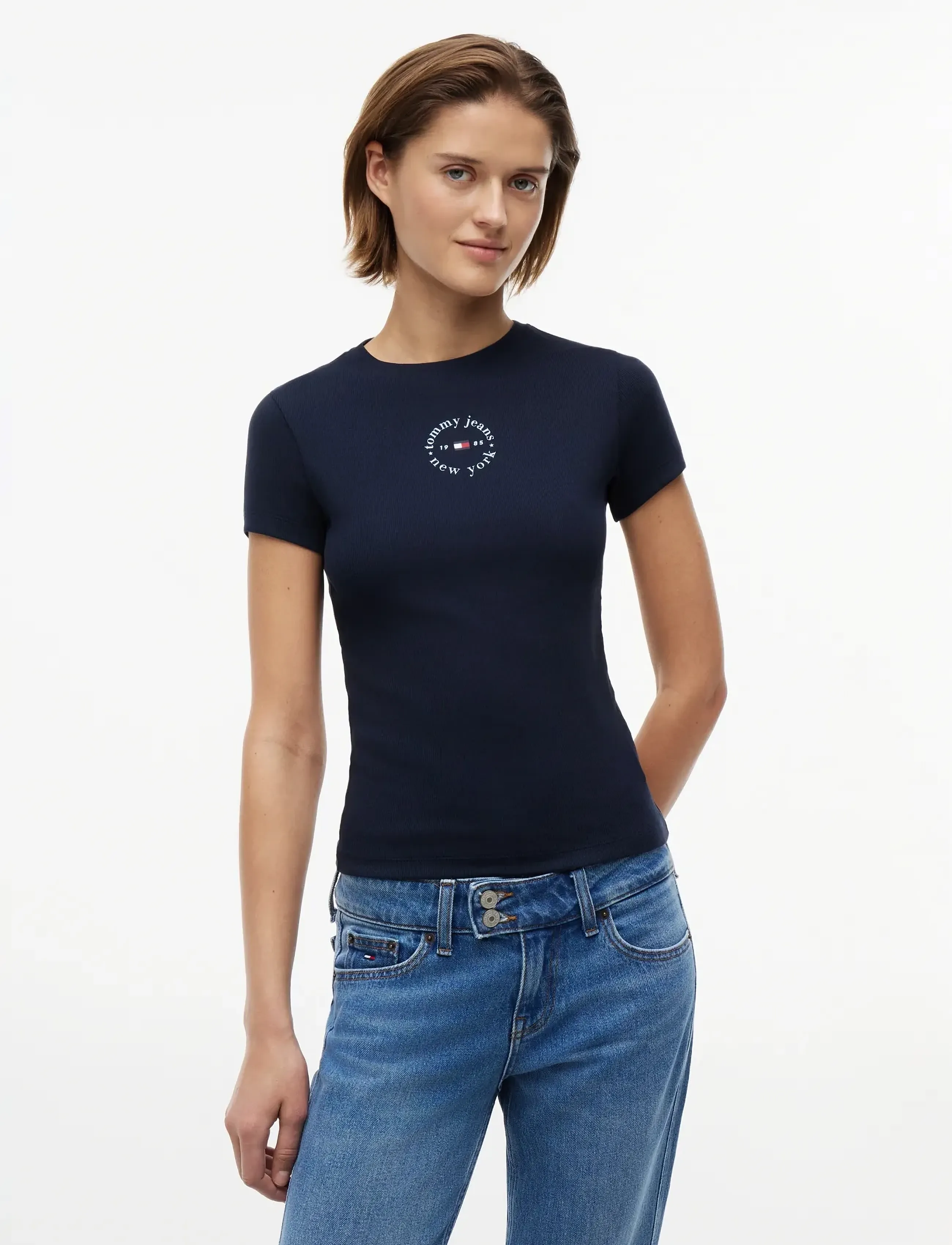 Tommy Jeans TJW SLIM ESS LOGO2 RIB TEE EXT - Tommy Hilfiger - DARK NIGHT NAVY / navy
