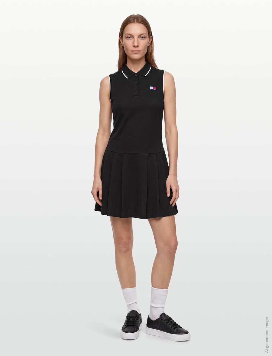 Tommy Jeans - TJW BADGE PLEATED SL PIQUE DRESS - summer dresses - black - 0