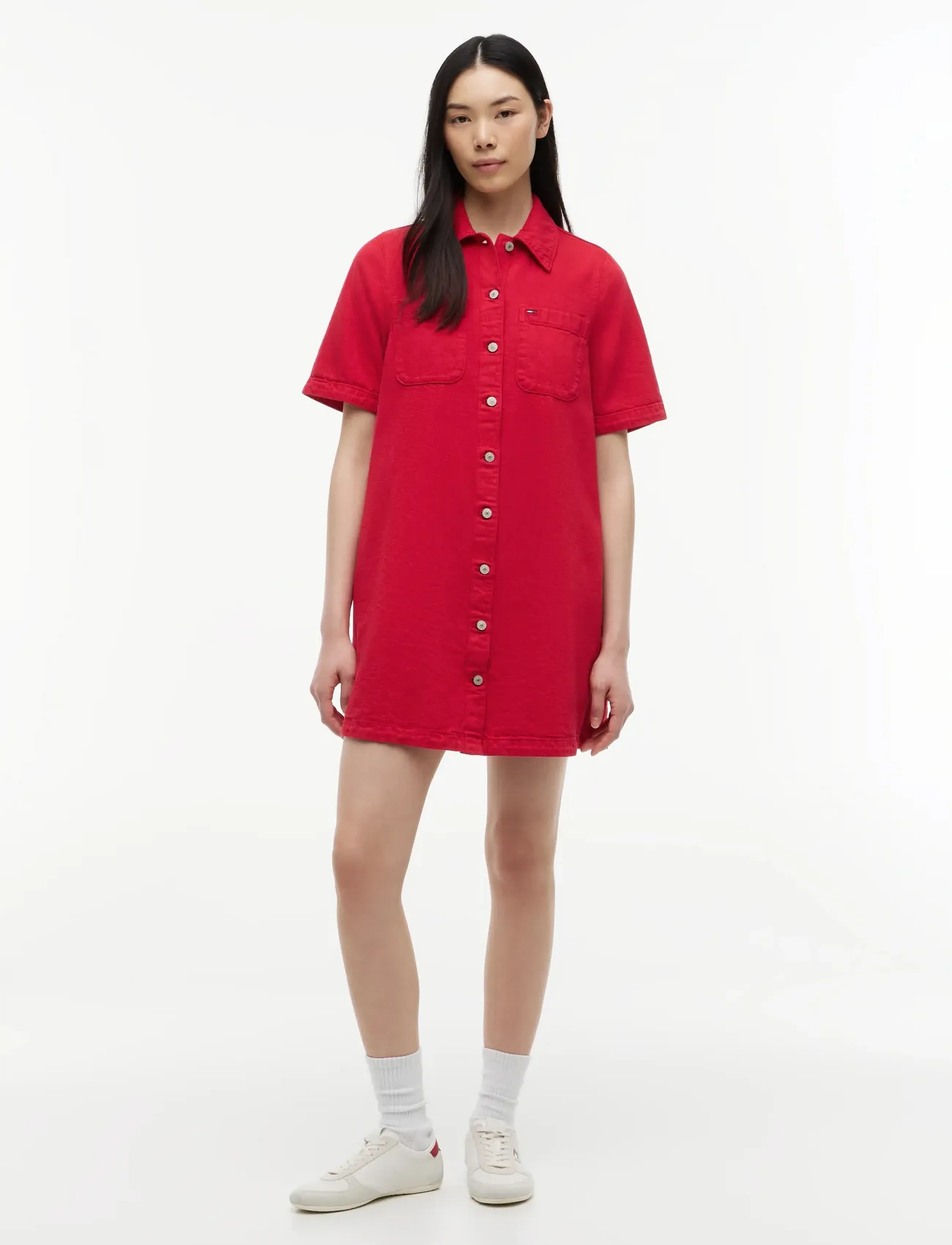 Tommy Jeans Tjw Twill A-Line Dress Ext, Kvinder, A-Linje Skjortekjole, Rød, Str: M