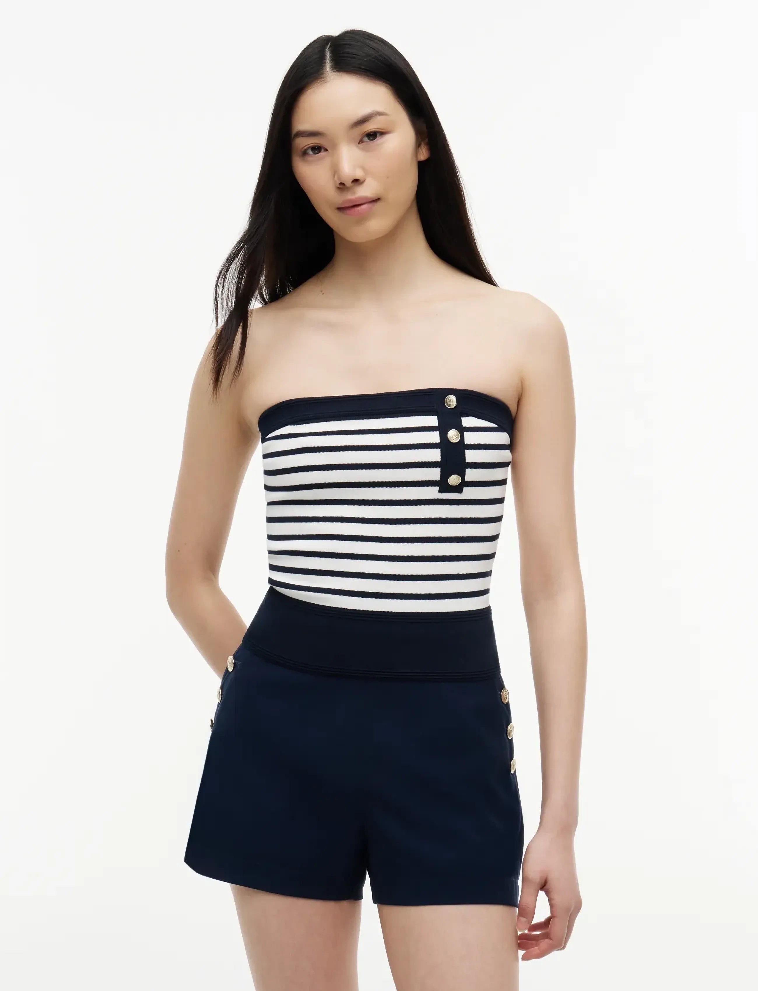Tommy Jeans TJW BUTTONS BANDEAU SWEATER - Crop Tops - DARK NIGHT NAVY   STRIPE / navy