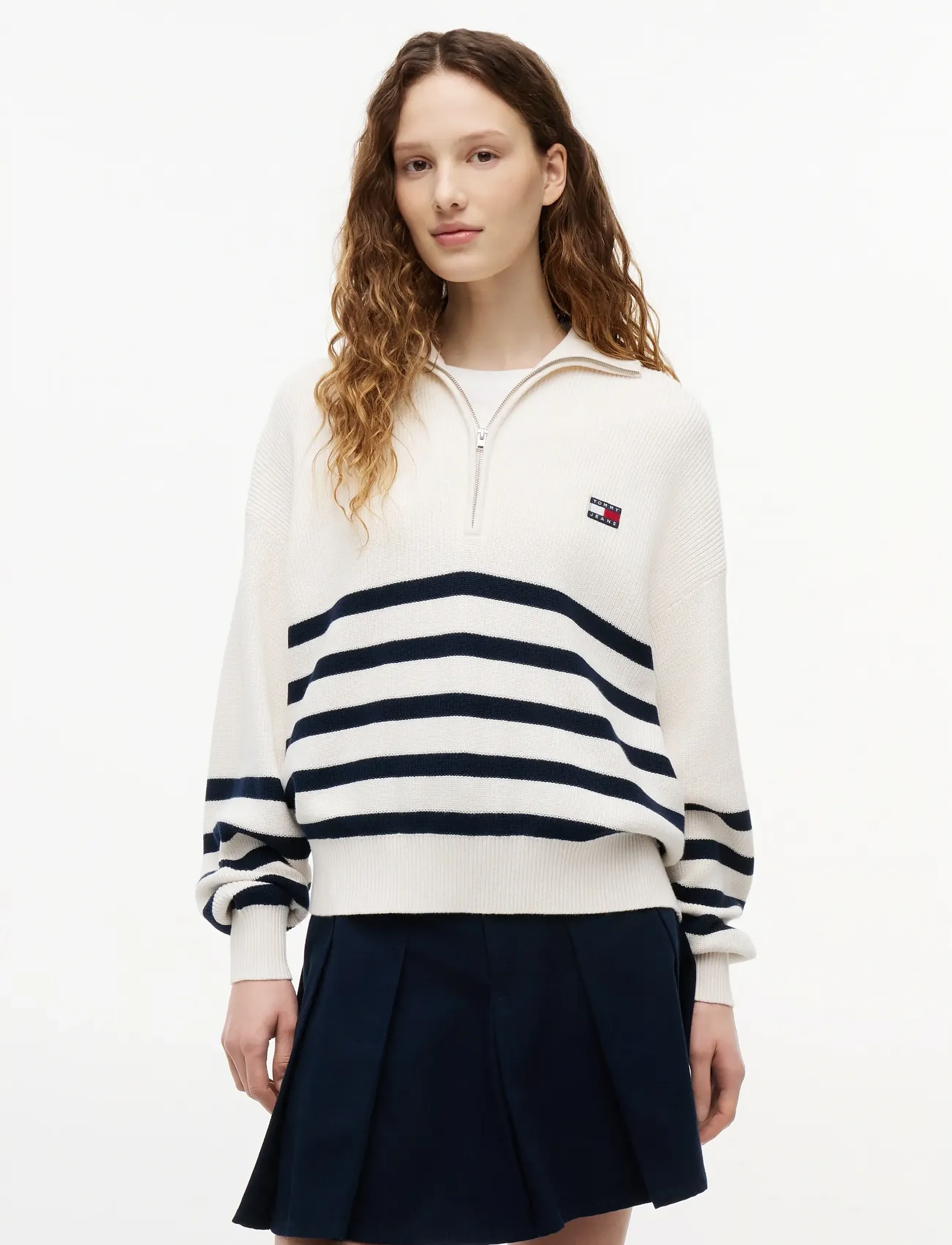 Tommy Jeans TJW QUARTER ZIP SWEATER - Pullover - ANCIENT WHITE   STRIPE / cream