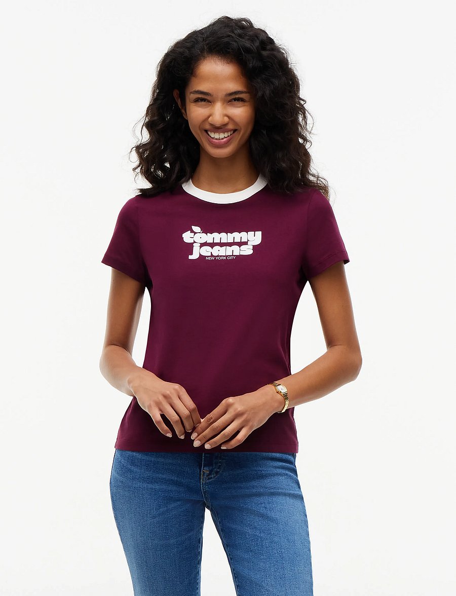 Tommy Jeans - TJW REG NOLVETY RINGER - t-shirts - calypso berry - 0