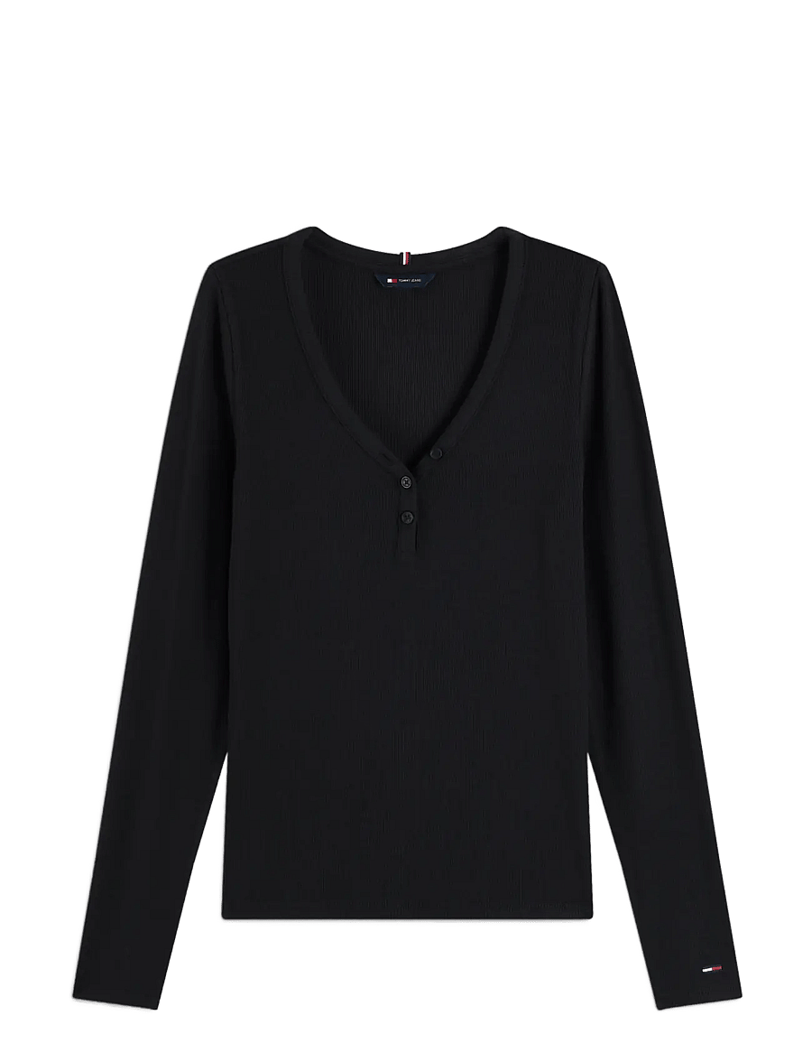 Tommy Jeans - TJW SLIM HENLEY LS TOP - langärmlige tops - black - 1