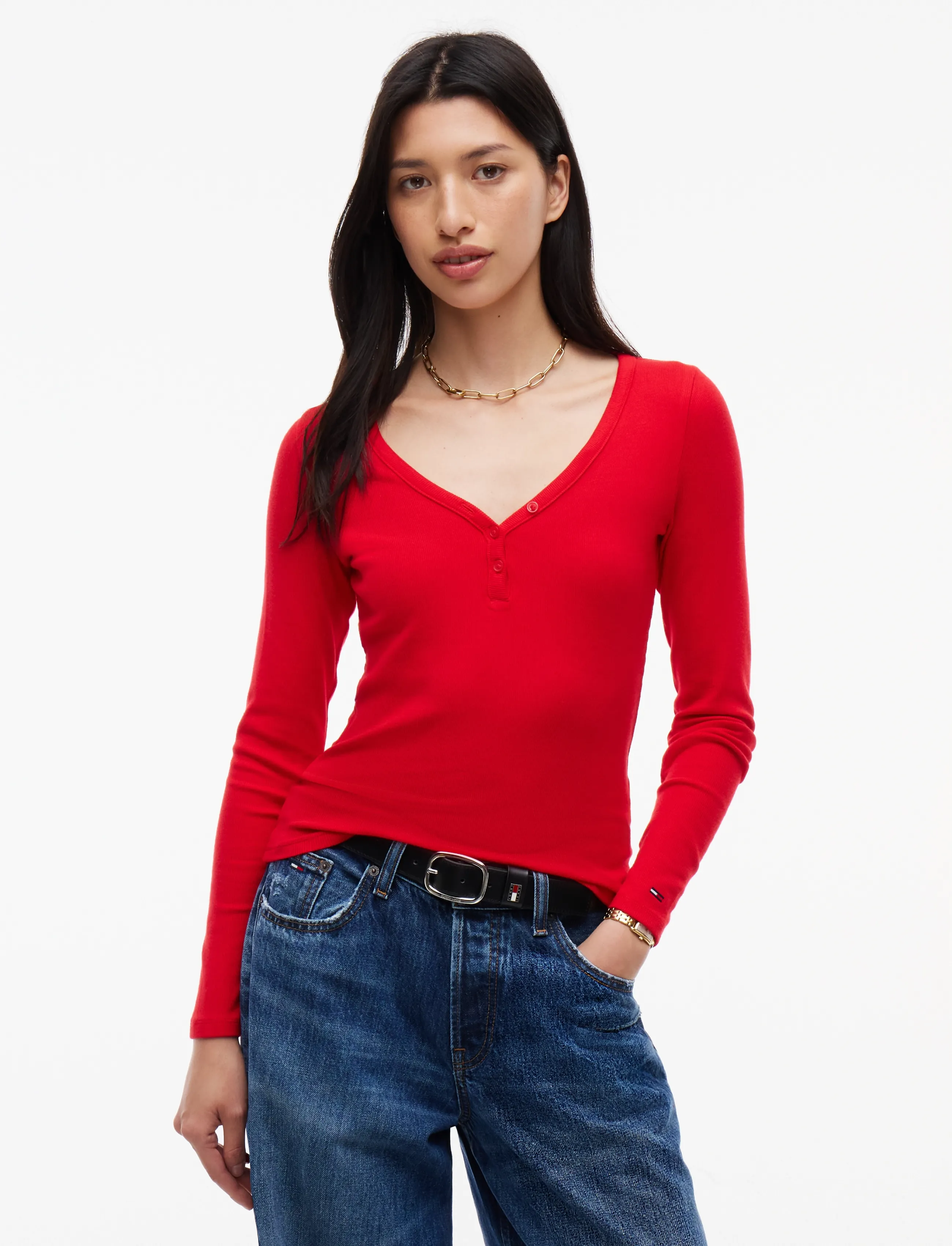Tommy Jeans TJW SLIM HENLEY LS TOP - Tommy Hilfiger - LAVISH RED / red