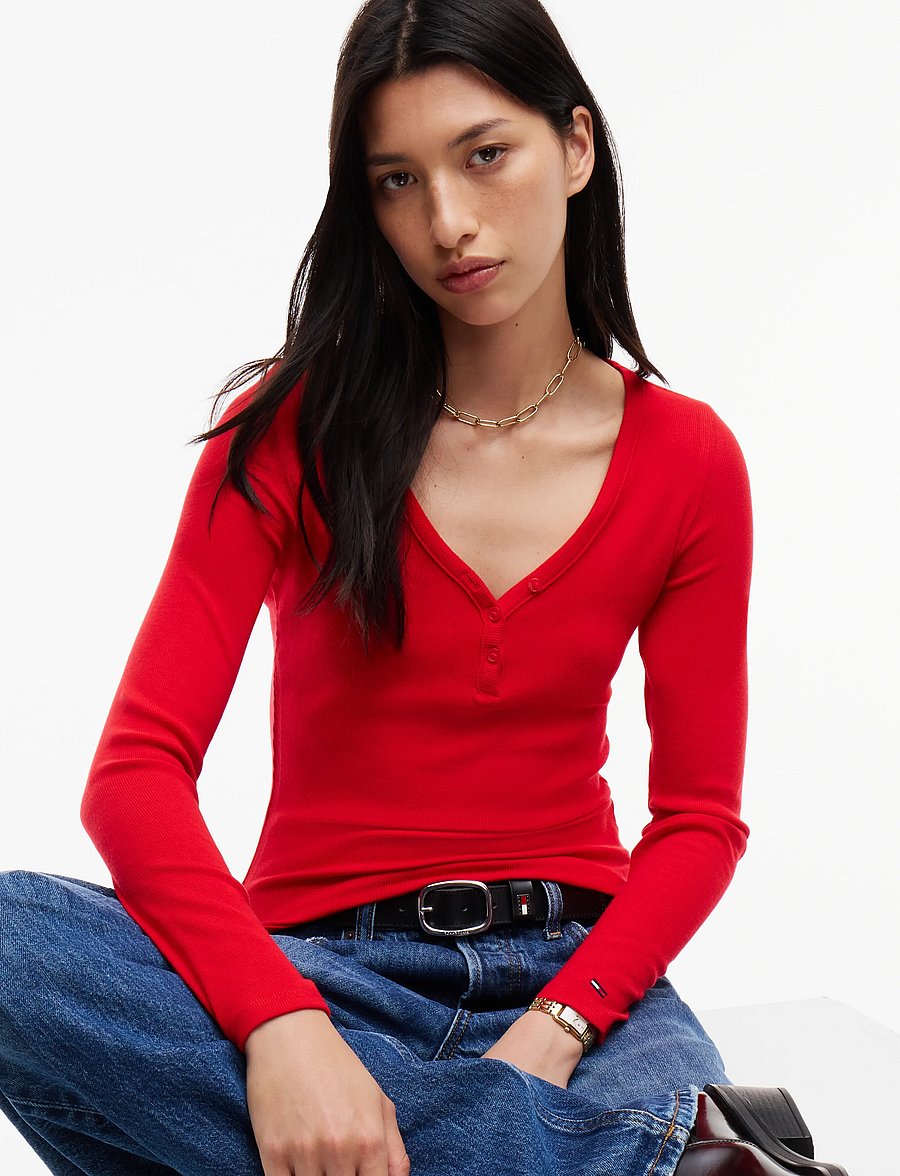Tommy Jeans - TJW SLIM HENLEY LS TOP - long-sleeved tops - lavish red - 3