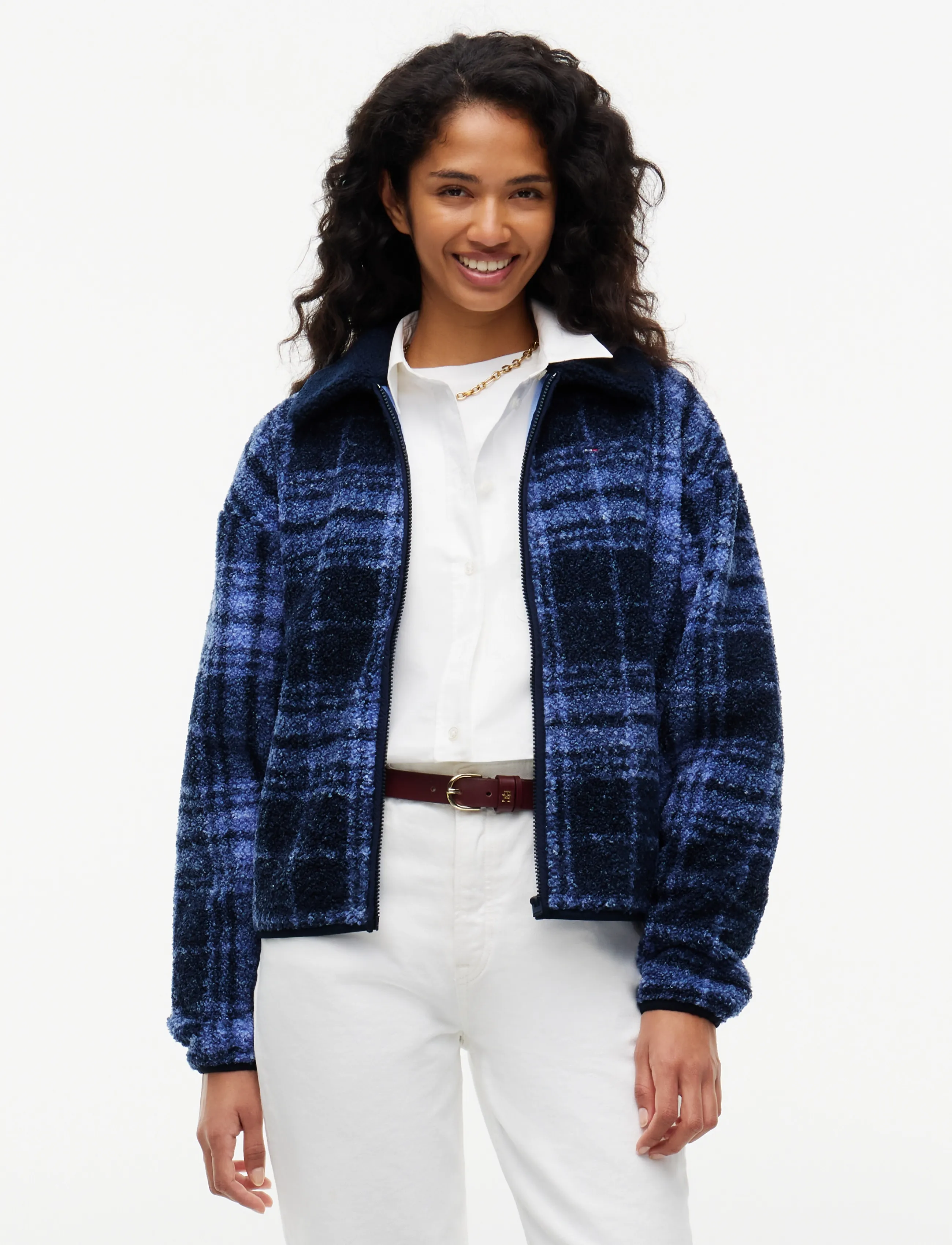 Tommy Jeans TJW S FLAG ZIP THRU TEDDY EXT - Jackets & Coats - BLUE CHECK / blue