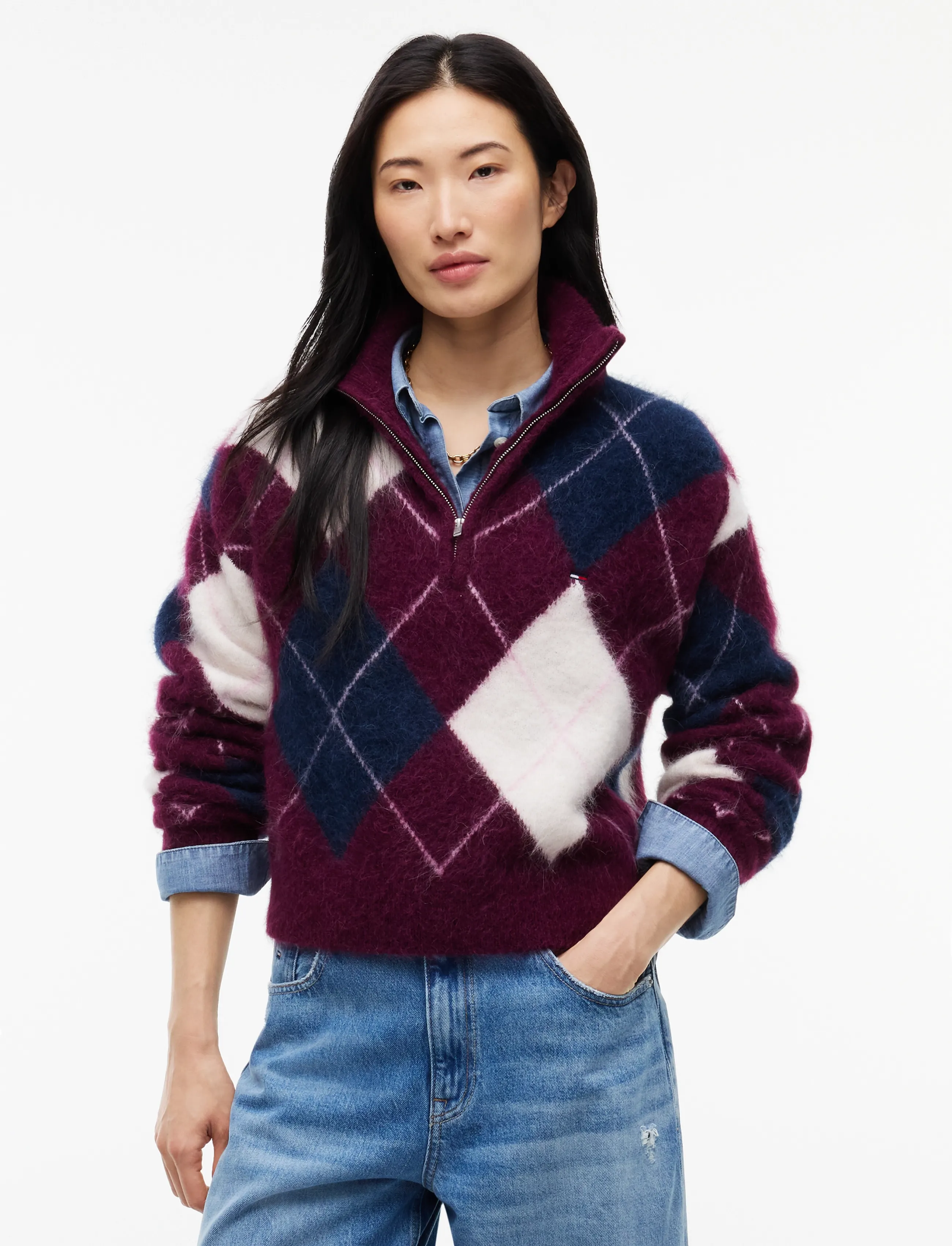 Tommy Jeans TJW FLUFFY QUARTER ZIP SWEATER - Tommy Hilfiger - CALYPSO BERRY / burgundy