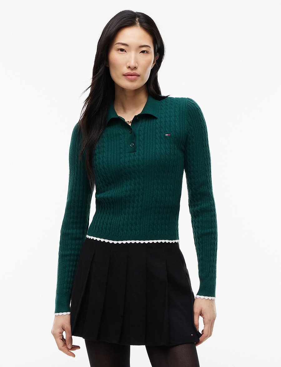 Tommy Jeans - TJW MICRO CABLE POLO SWEATER EXT - striktrøjer - elegant green - 0