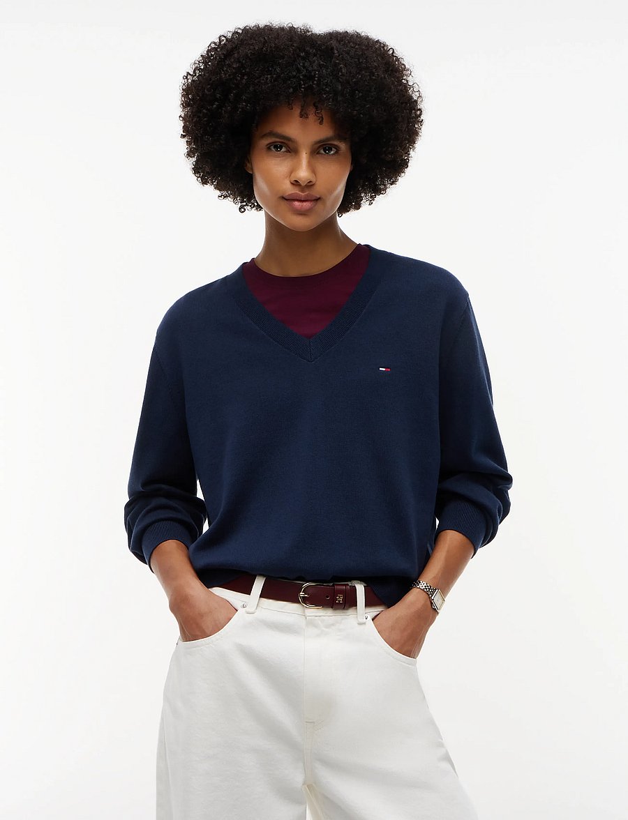 Tommy Jeans - TJW ESSENTIAL VNECK SWEATER EXT - stickade tröjor - dark blue - 0