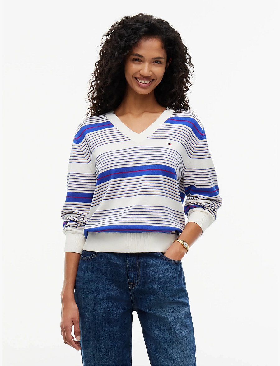Tommy Jeans - TJW ESSENTIAL VNECK SWEATER EXT - stickade tröjor - noble blue stripe - 0