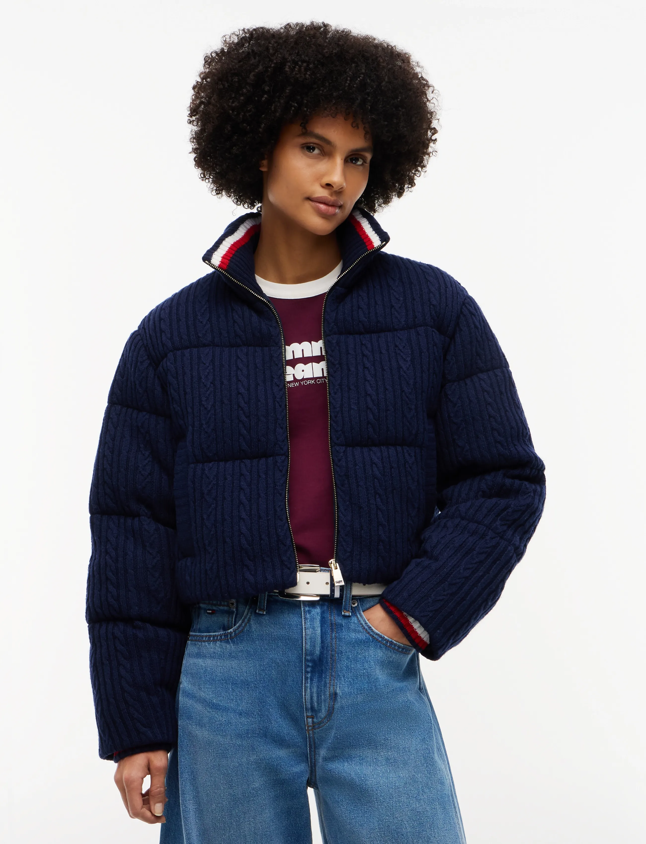 Tommy Jeans TJW CABLE KNIT PUFFER - Vinterjakker - DARK BLUE / navy