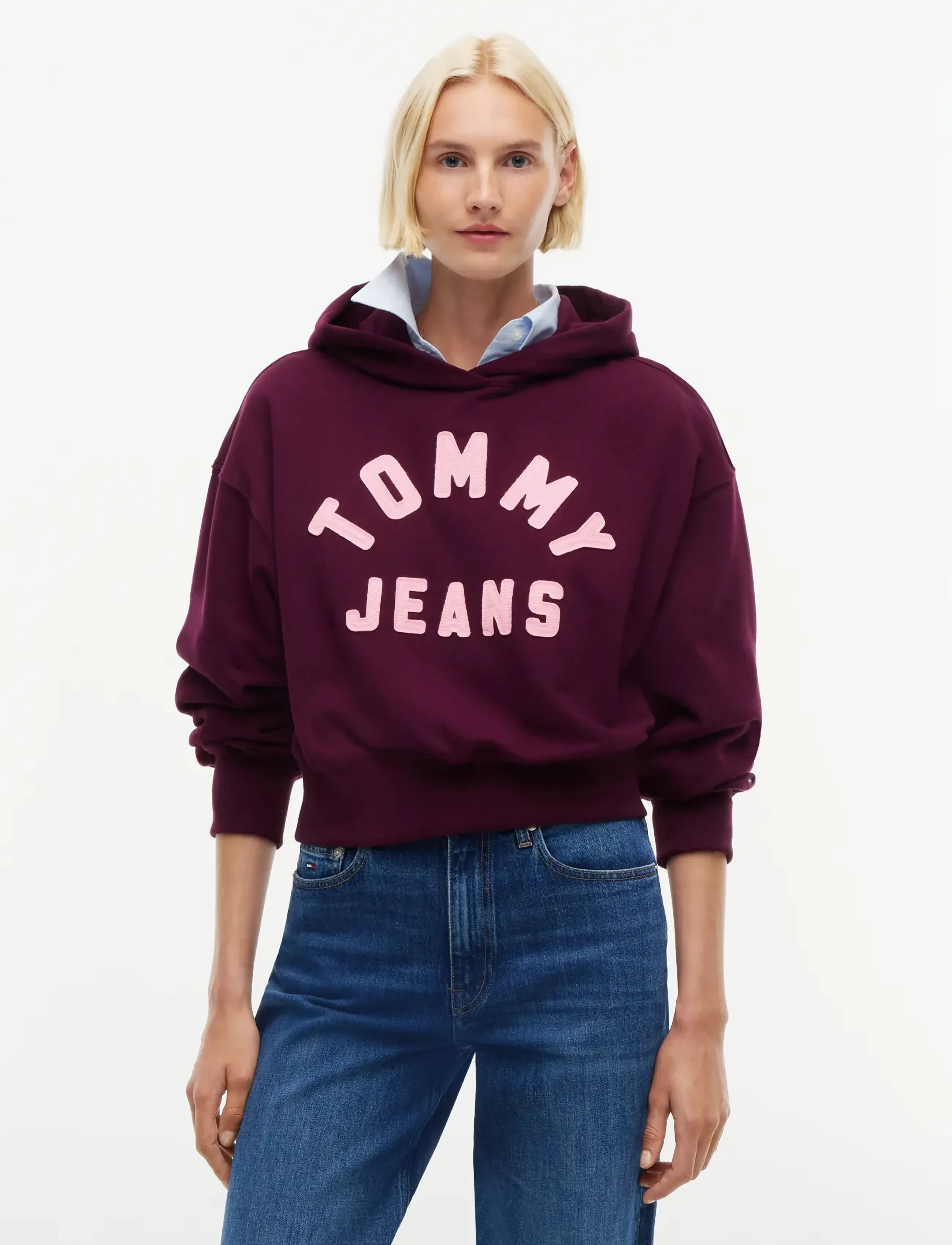 Tommy Jeans TJW OVS SH TOMMY ARCH HOODIE - T-särgid ja topid - CALYPSO BERRY / burgundy