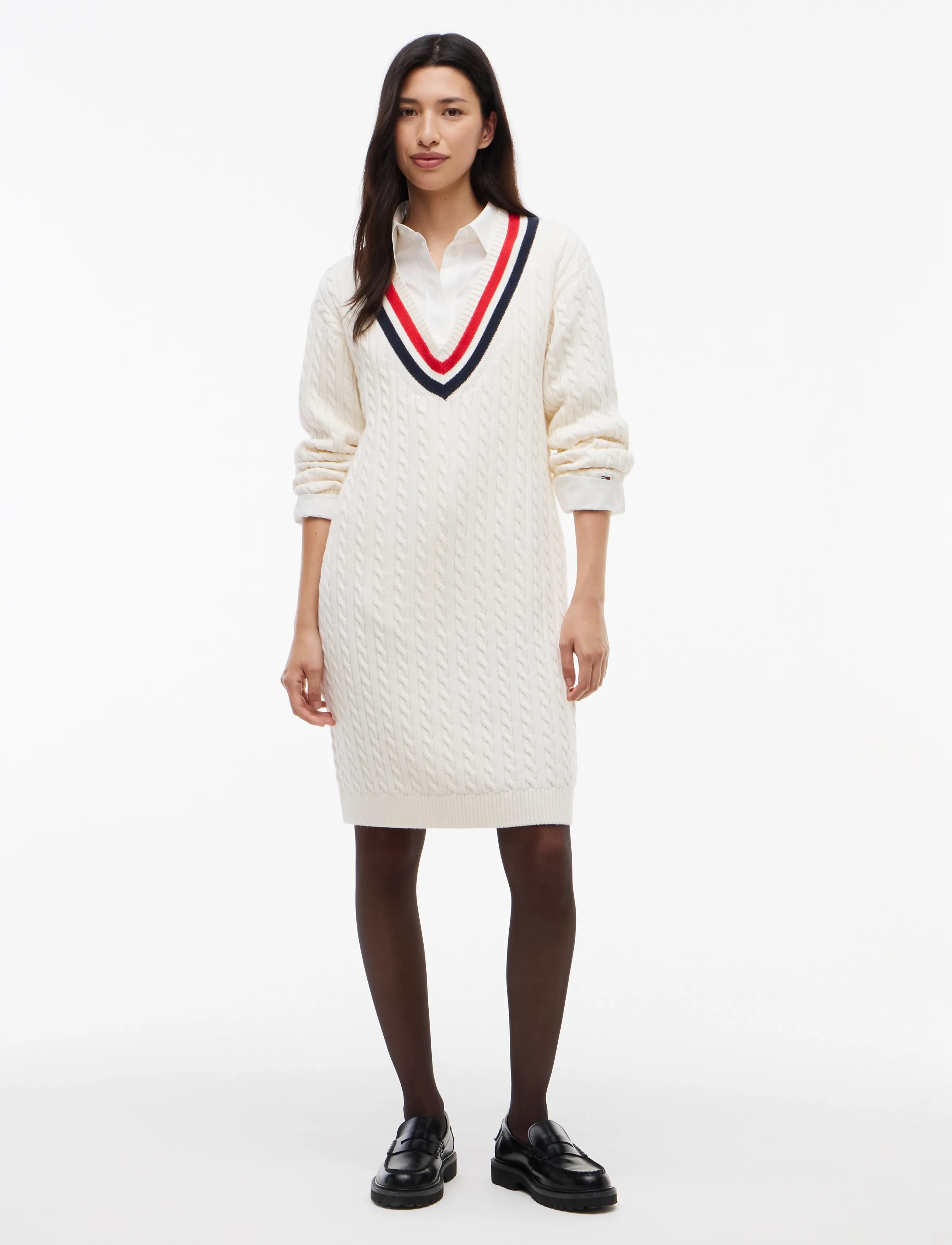 Tommy Jeans TJW CABLE RWB SWEATER DRESS EXT - Stickade klänningar - OFF WHITE / cream