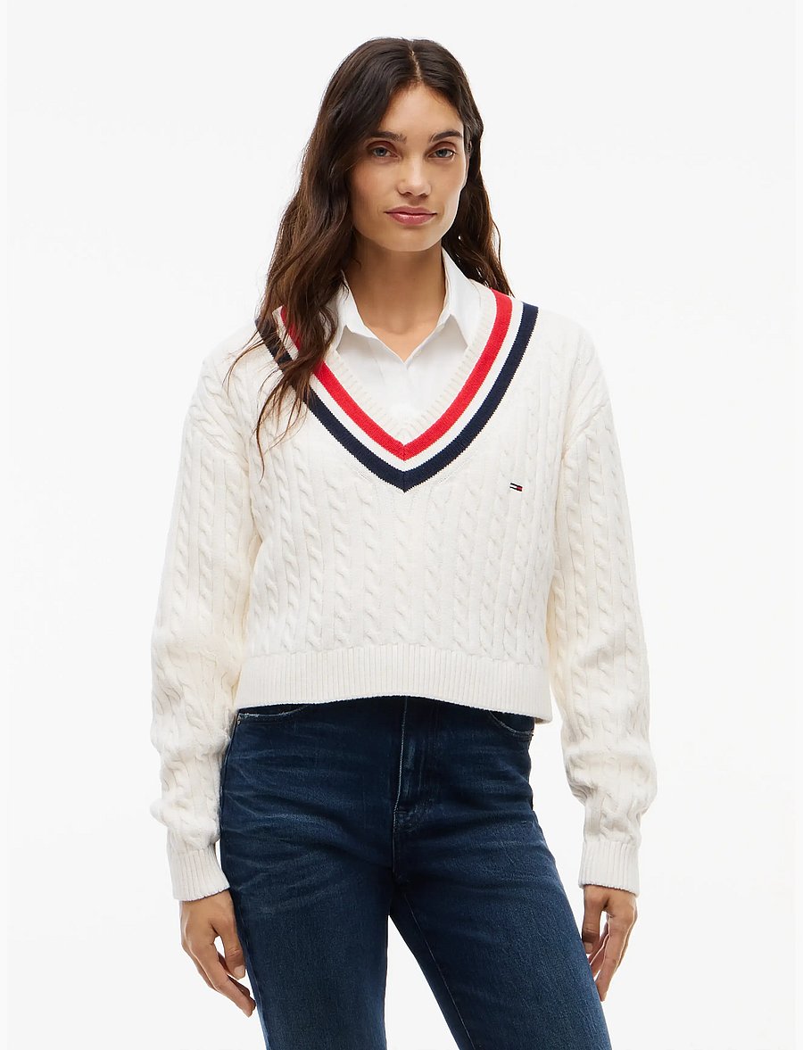 Tommy Jeans - TJW CABLE TIPPING SWEATER EXT - jumpers - off white - 0