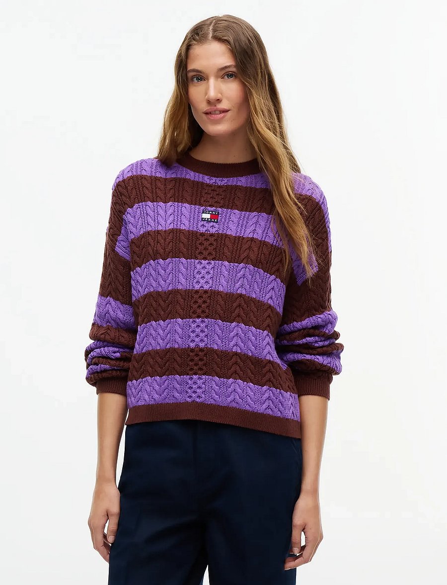 Tommy Jeans - TJW CABLE CREW NECK SWEATER EXT - pullover - pure brown preppy lilac stripe - 0