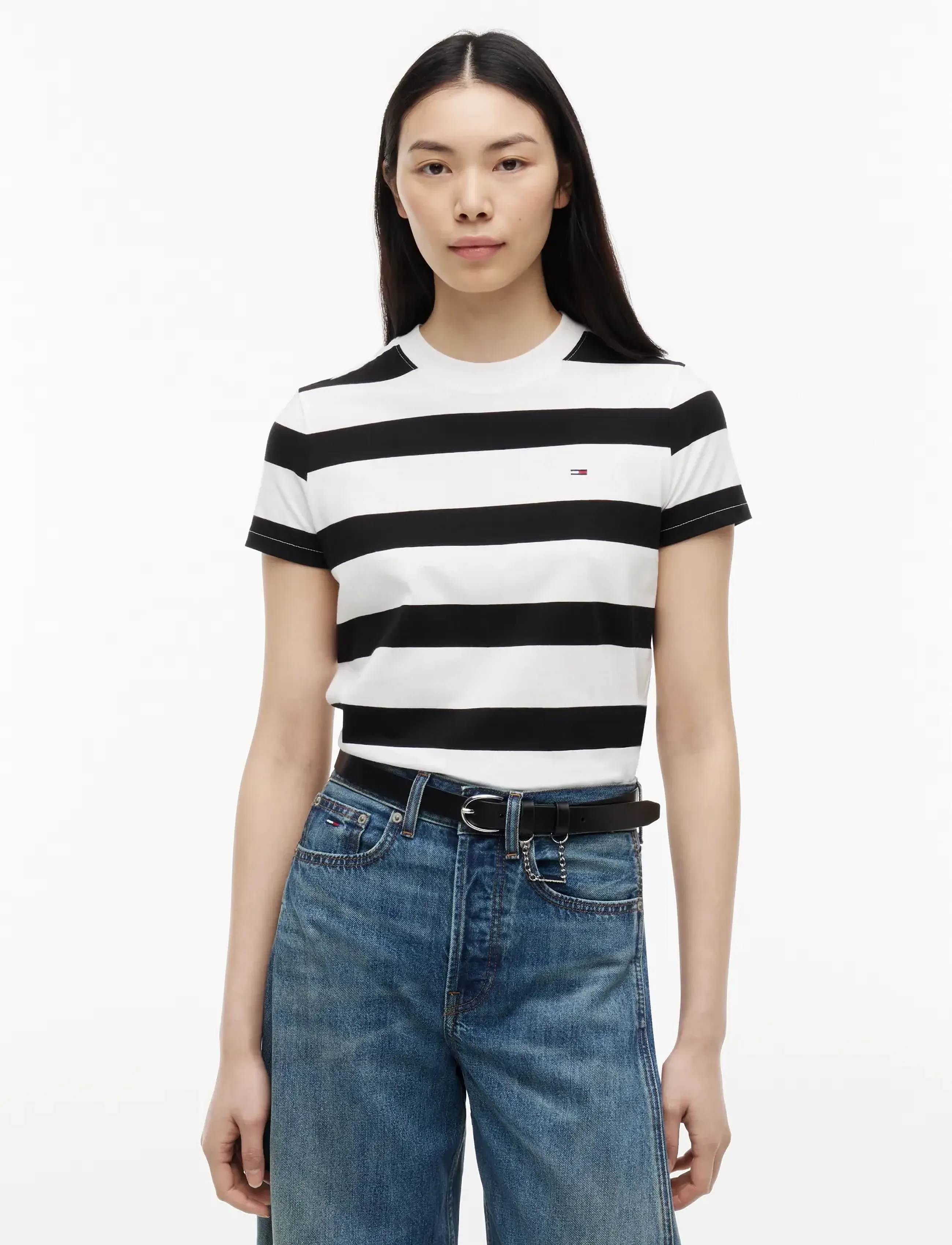 Tommy Jeans Tjw Reg S Flag Jersey Ss Tee Ext, Kvinder, Kortærmet Stribet T-Shirt, Sort, Str: XL