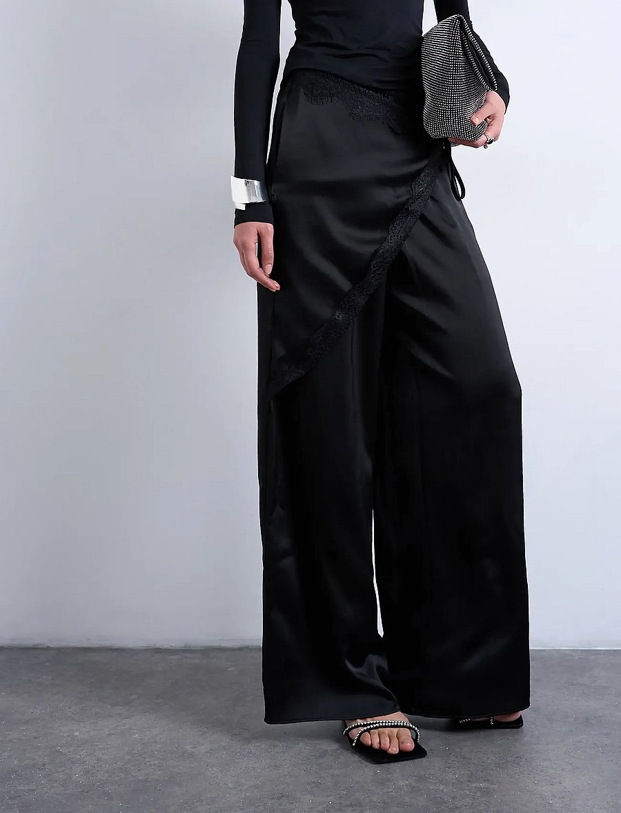 Topshop - TSELIN SATIN LACE WIDE TROUSERS WVN - black - 0