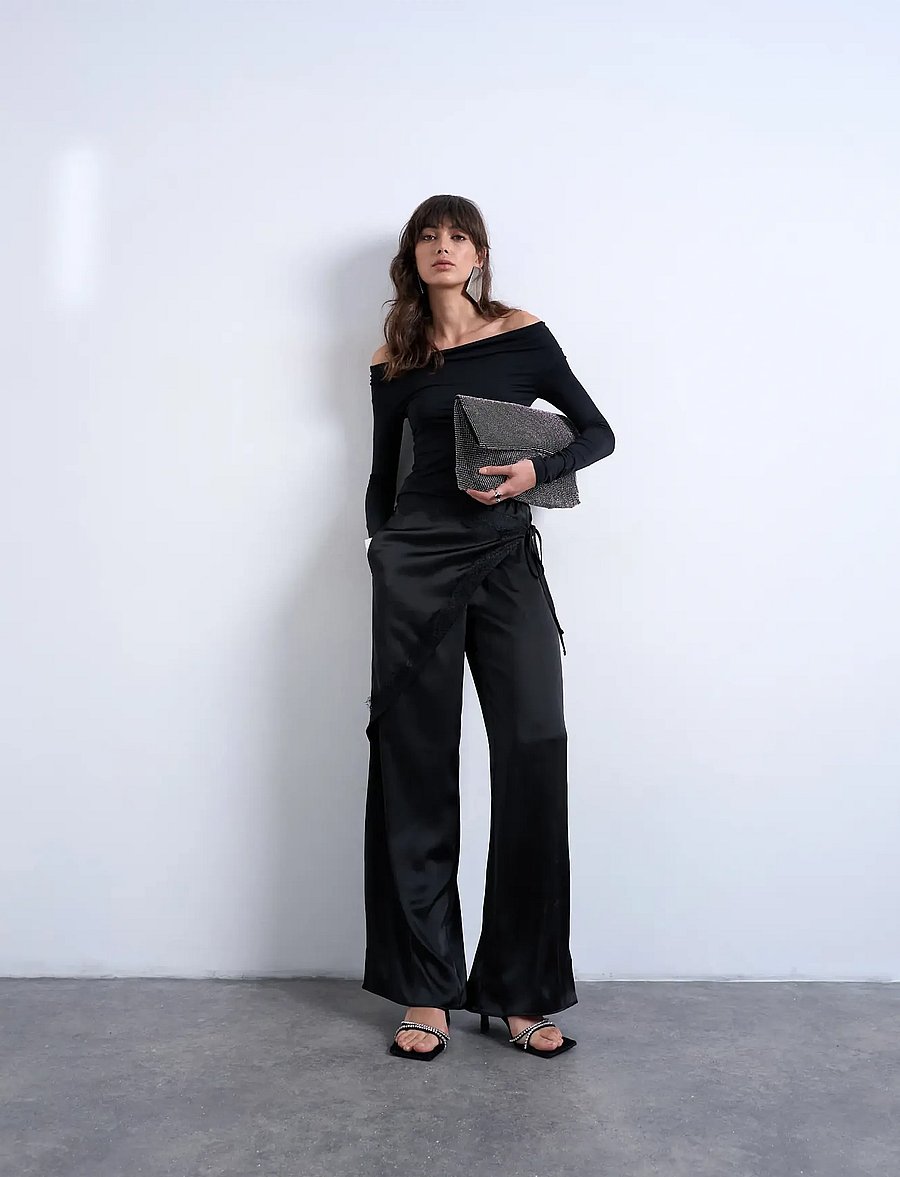 Topshop - TSELIN SATIN LACE WIDE TROUSERS WVN - black - 5