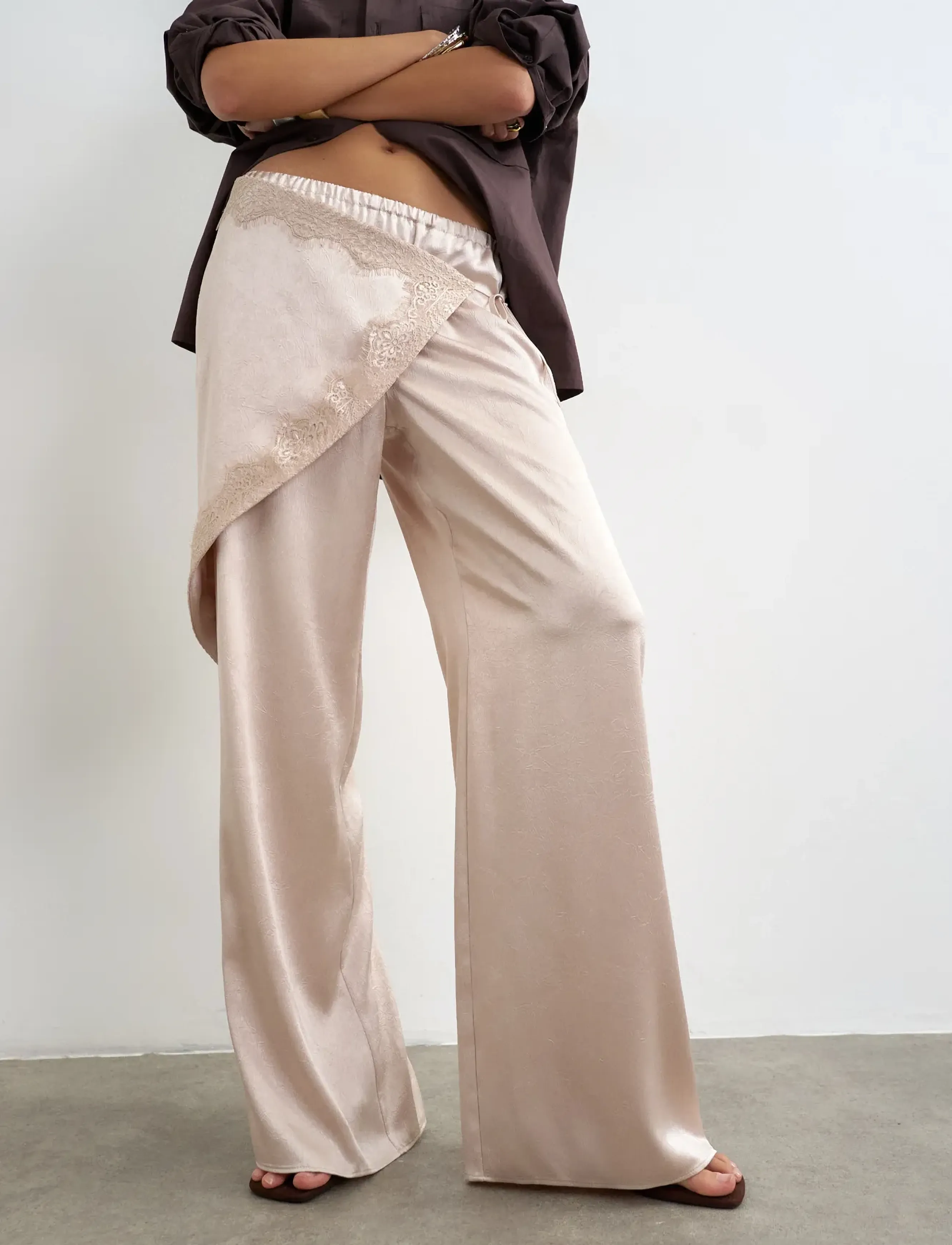 Topshop TSELIN SATIN LACE WIDE TROUSERS WVN - Püksid - OYSTER WHITE / cream