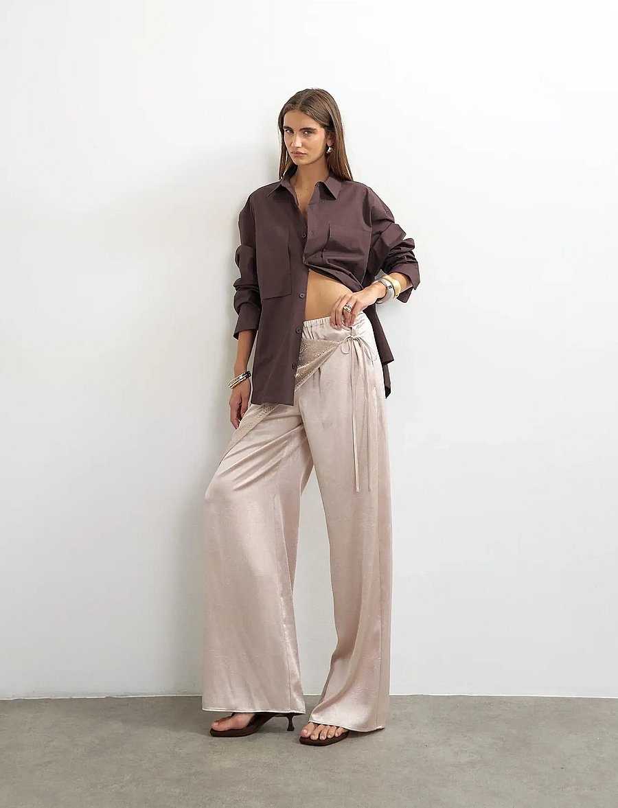 Topshop - TSELIN SATIN LACE WIDE TROUSERS WVN - hosen mit weitem bein - oyster white - 5